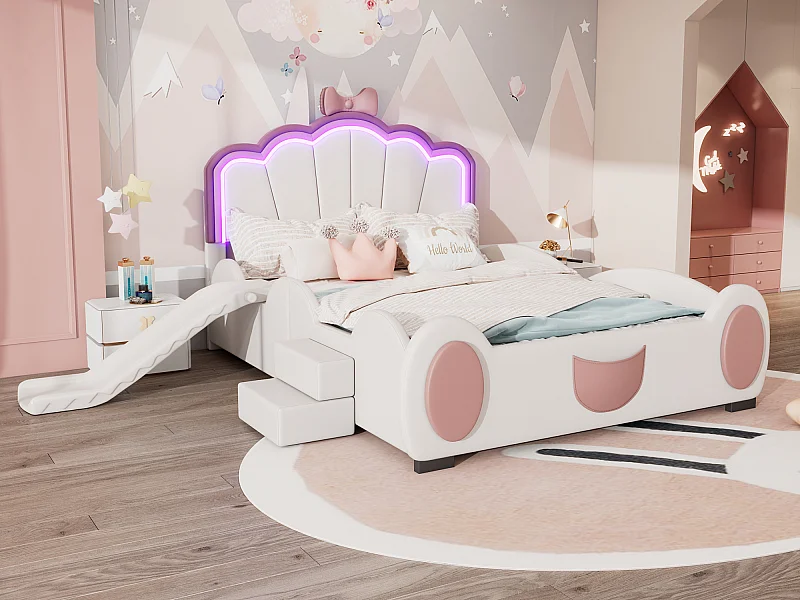 Letto per bambini 140 x 200 cm con scivolo e scaletta, rivestito in pelle sintetica, LED, rete a doghe, rosa e bianco