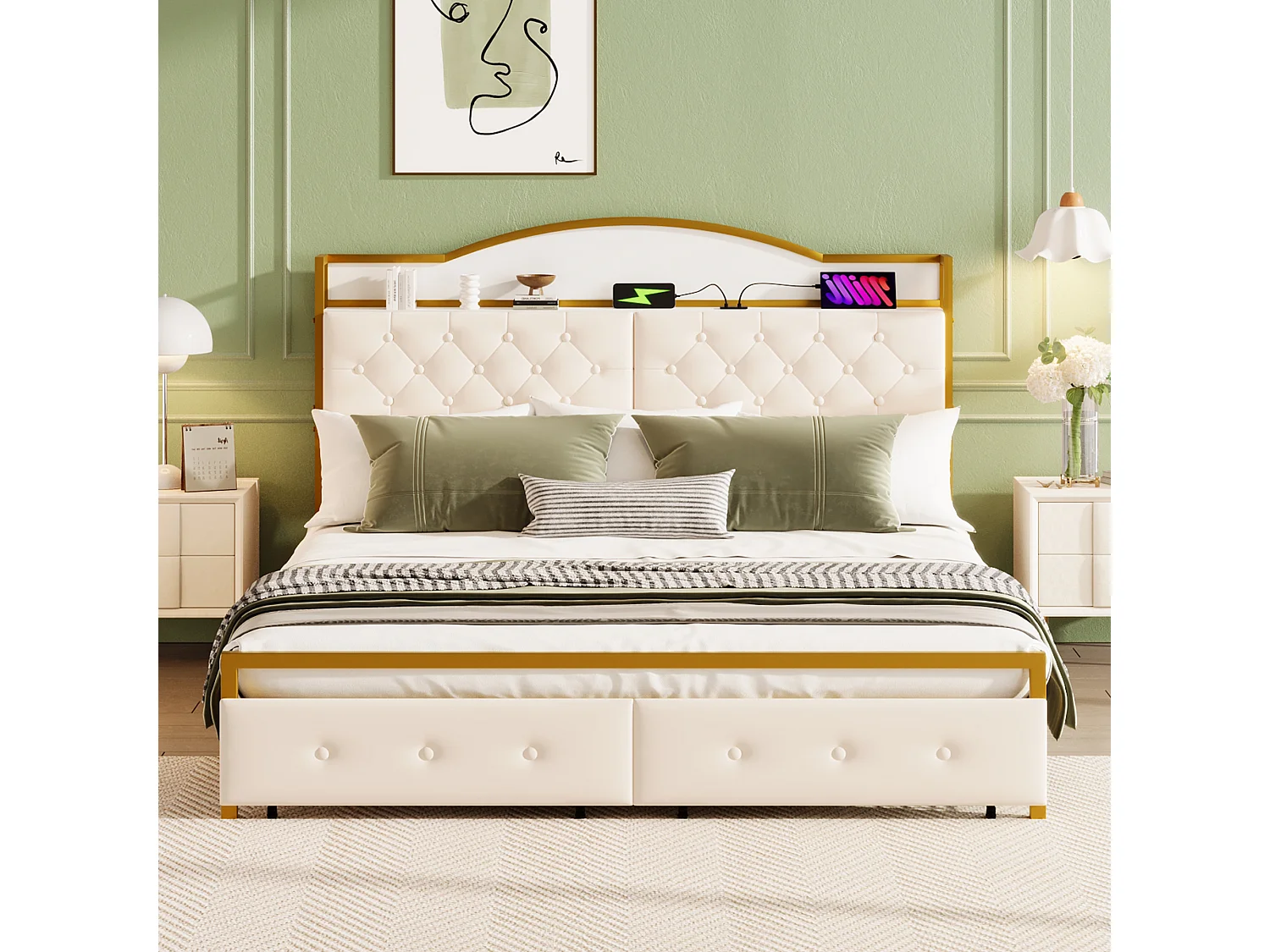 Lit 180 x 200 cm avec 2 tiroirs et 3 compartiments - Métal et MDF - Sommier à lattes - Blanc