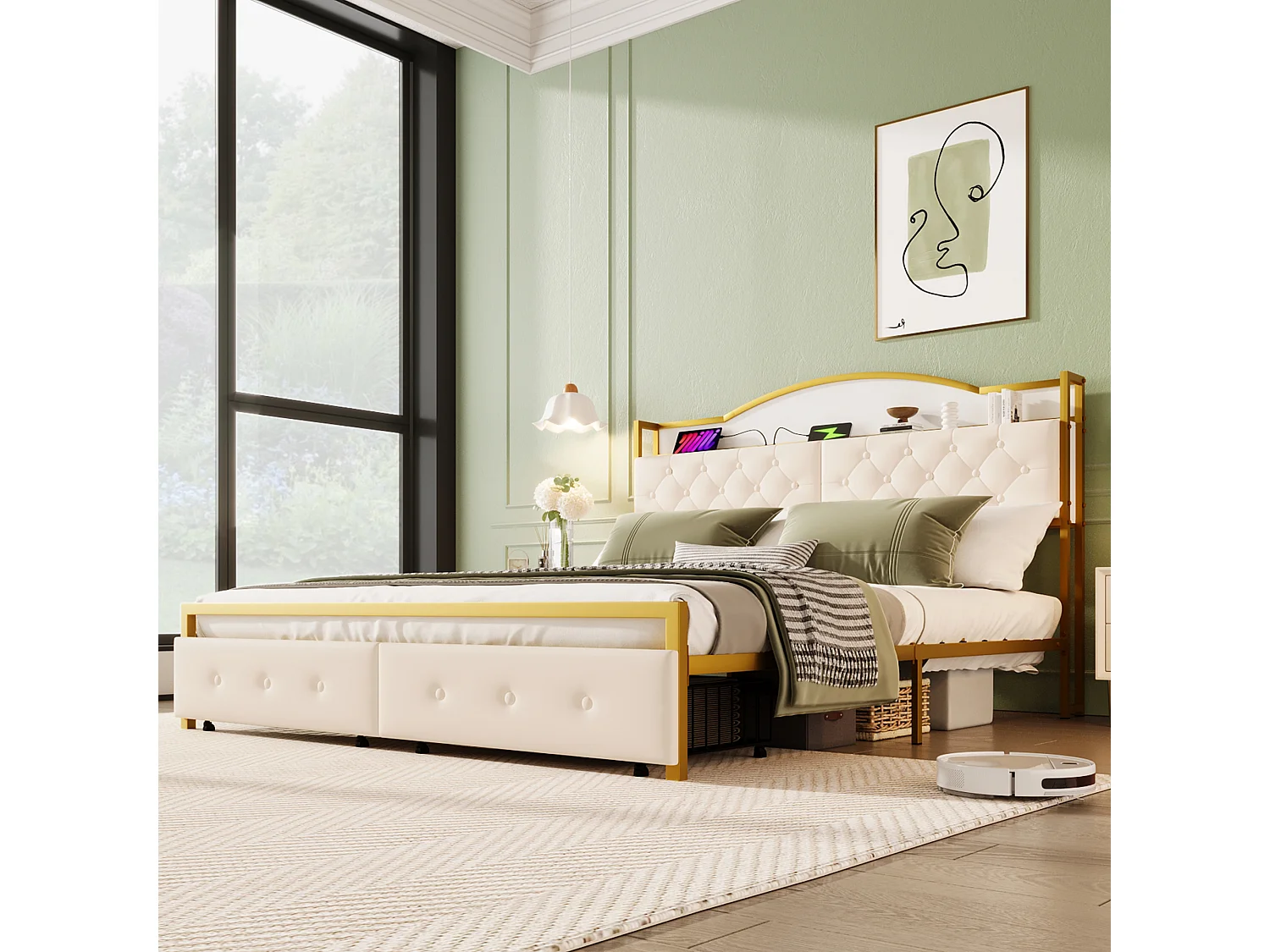 Lit 180 x 200 cm avec 2 tiroirs et 3 compartiments - Métal et MDF - Sommier à lattes - Blanc