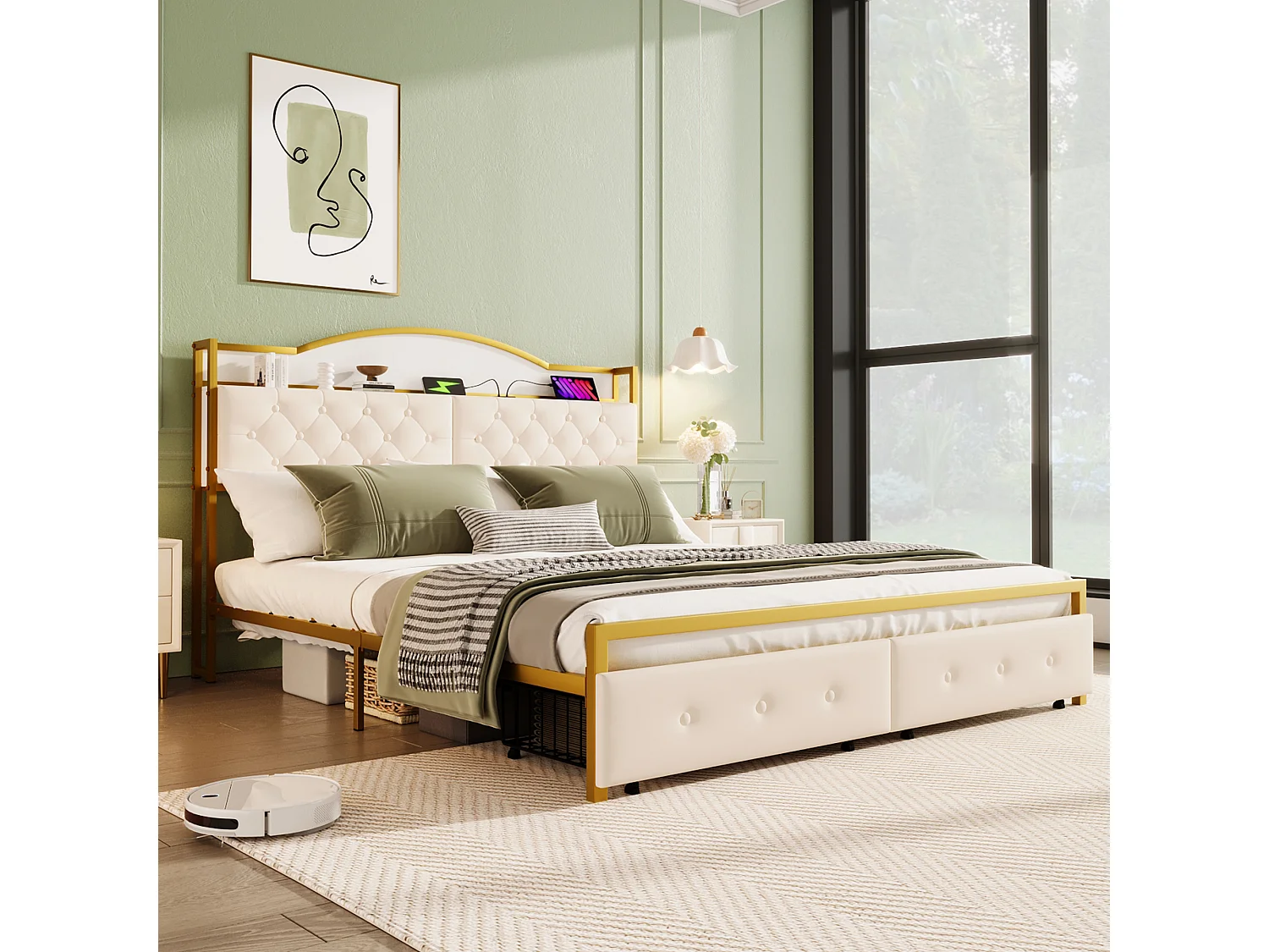 Lit 180 x 200 cm avec 2 tiroirs et 3 compartiments - Métal et MDF - Sommier à lattes - Blanc