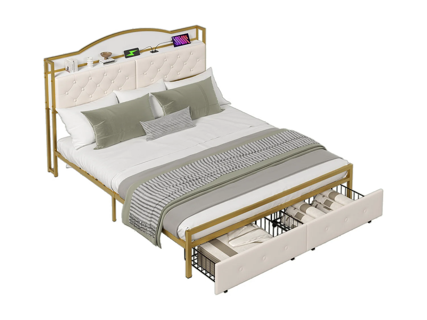 Lit 180 x 200 cm avec 2 tiroirs et 3 compartiments - Métal et MDF - Sommier à lattes - Blanc