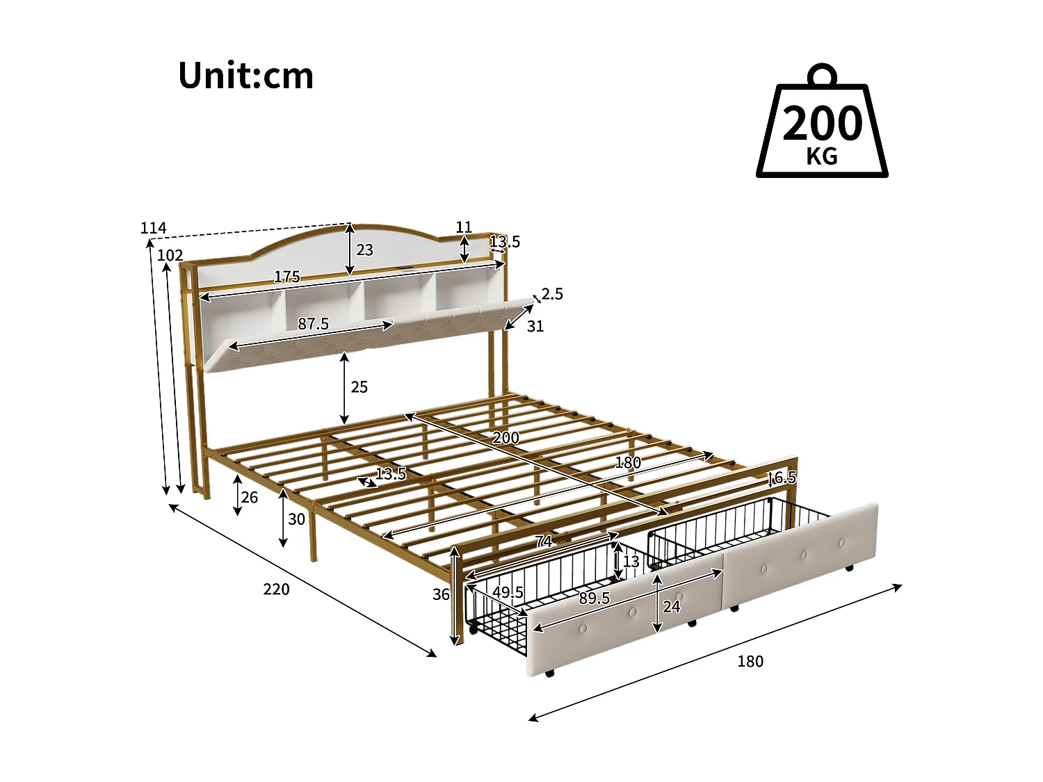 Lit 180 x 200 cm avec 2 tiroirs et 3 compartiments - Métal et MDF - Sommier à lattes - Blanc