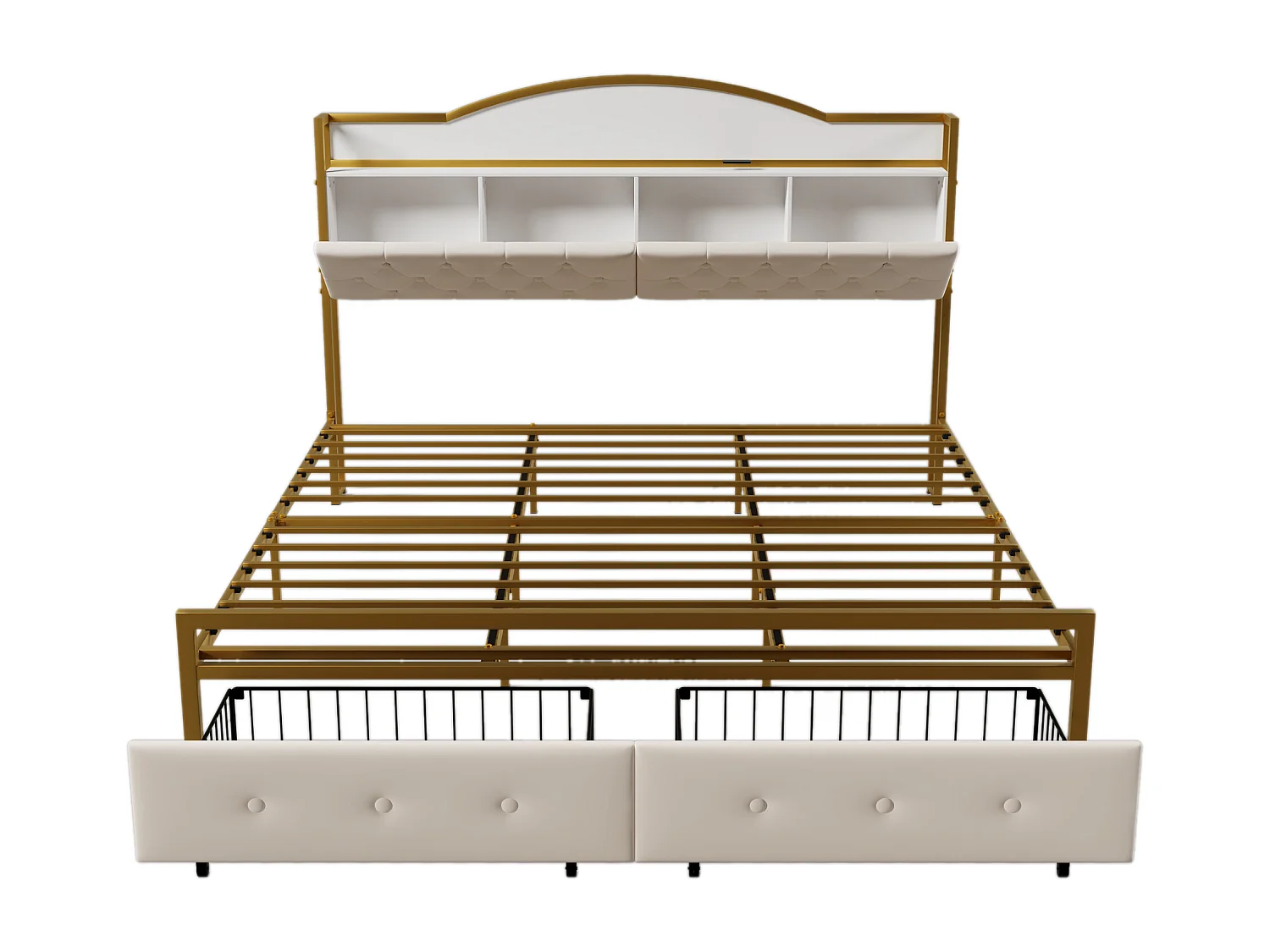 Lit 180 x 200 cm avec 2 tiroirs et 3 compartiments - Métal et MDF - Sommier à lattes - Blanc