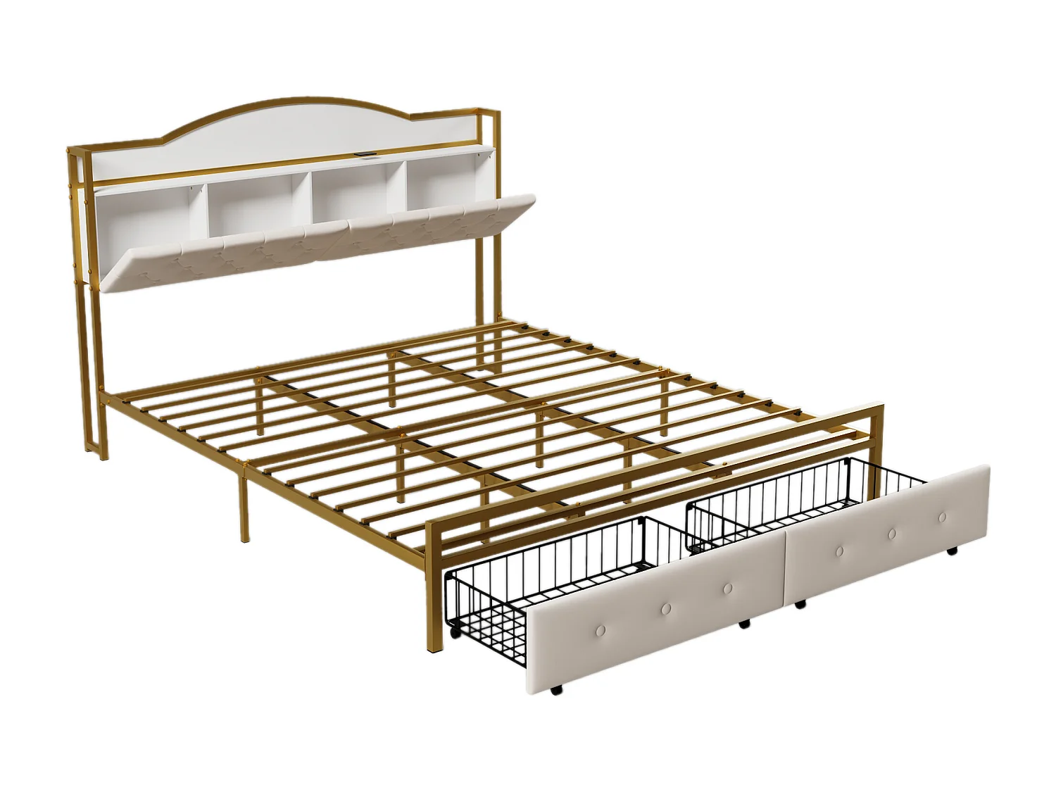 Lit 180 x 200 cm avec 2 tiroirs et 3 compartiments - Métal et MDF - Sommier à lattes - Blanc