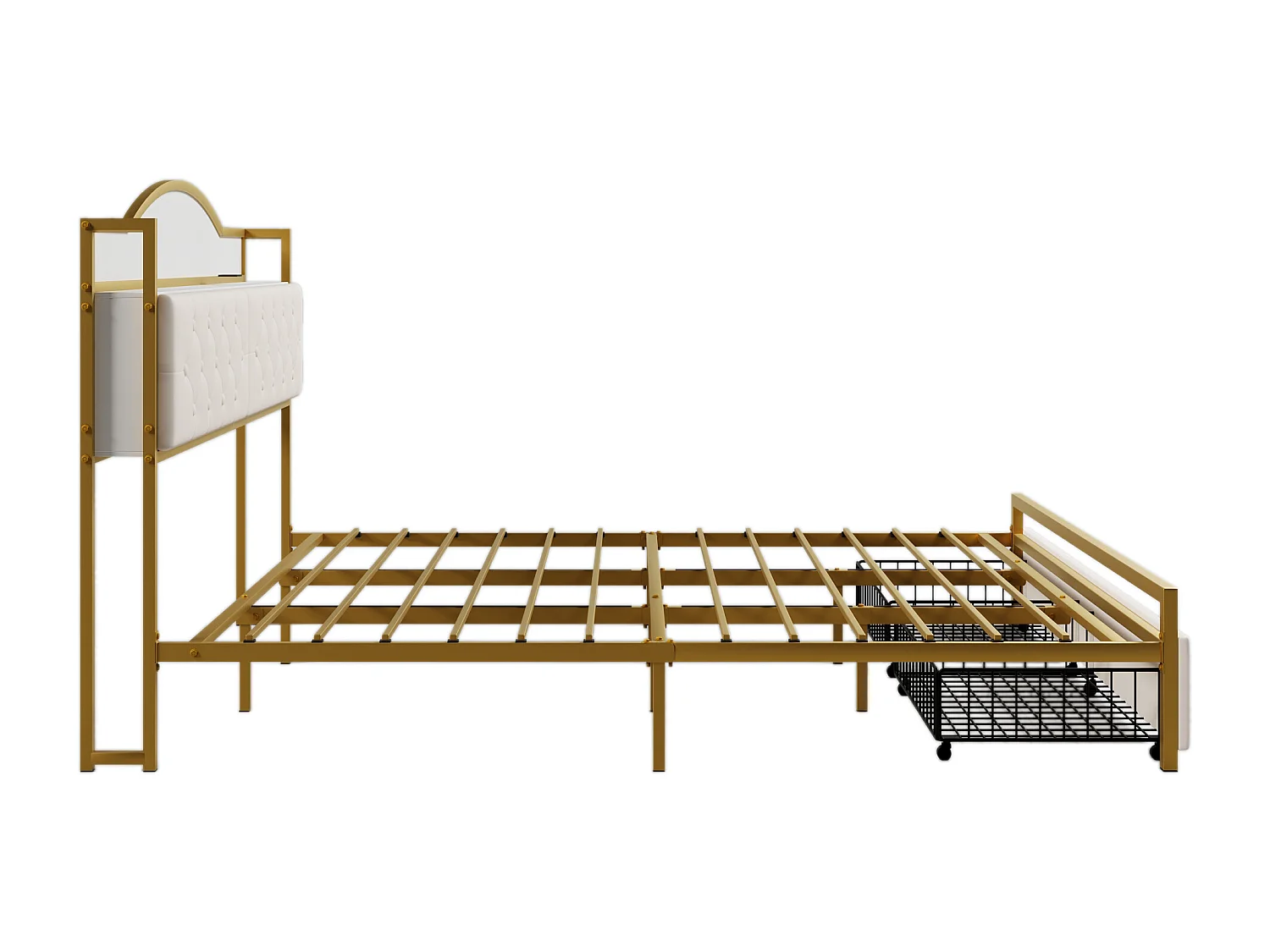 Lit 180 x 200 cm avec 2 tiroirs et 3 compartiments - Métal et MDF - Sommier à lattes - Blanc