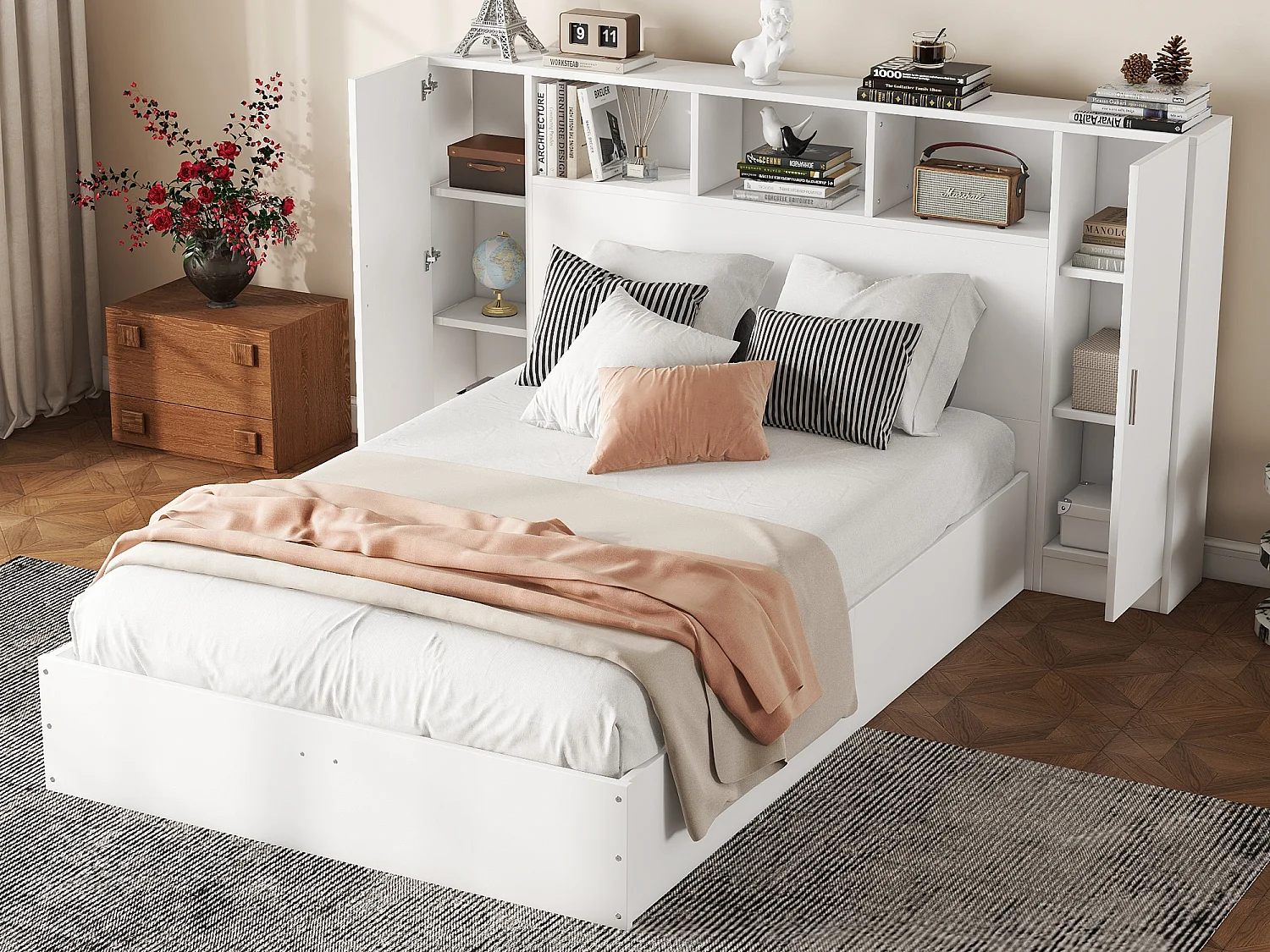 Cama de casal de madeira 140 x 200 cm - cabeceira com 2 portas e 3 nichos de arrumação - Madeira MDF - Base de ripas - Branca