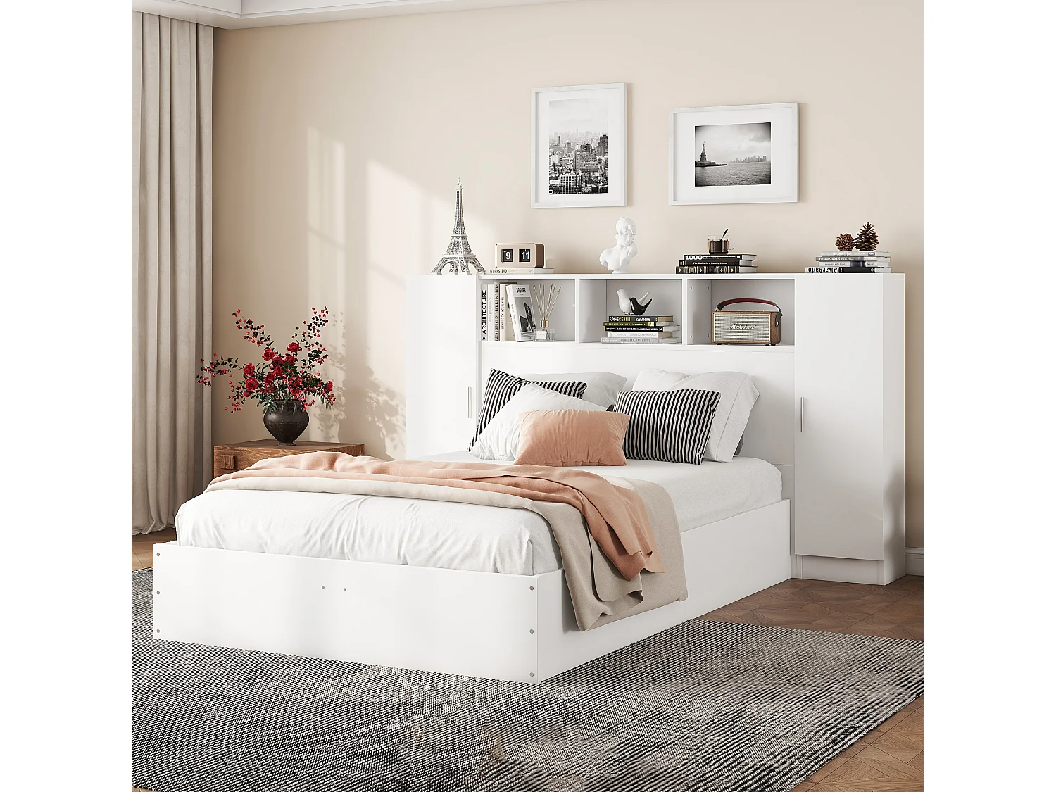 Cama de casal de madeira 140 x 200 cm - cabeceira com 2 portas e 3 nichos de arrumação - Madeira MDF - Base de ripas - Branca