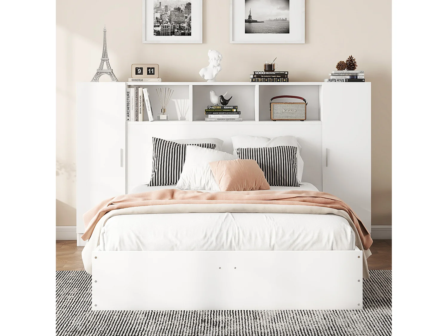 Cama de casal de madeira 140 x 200 cm - cabeceira com 2 portas e 3 nichos de arrumação - Madeira MDF - Base de ripas - Branca