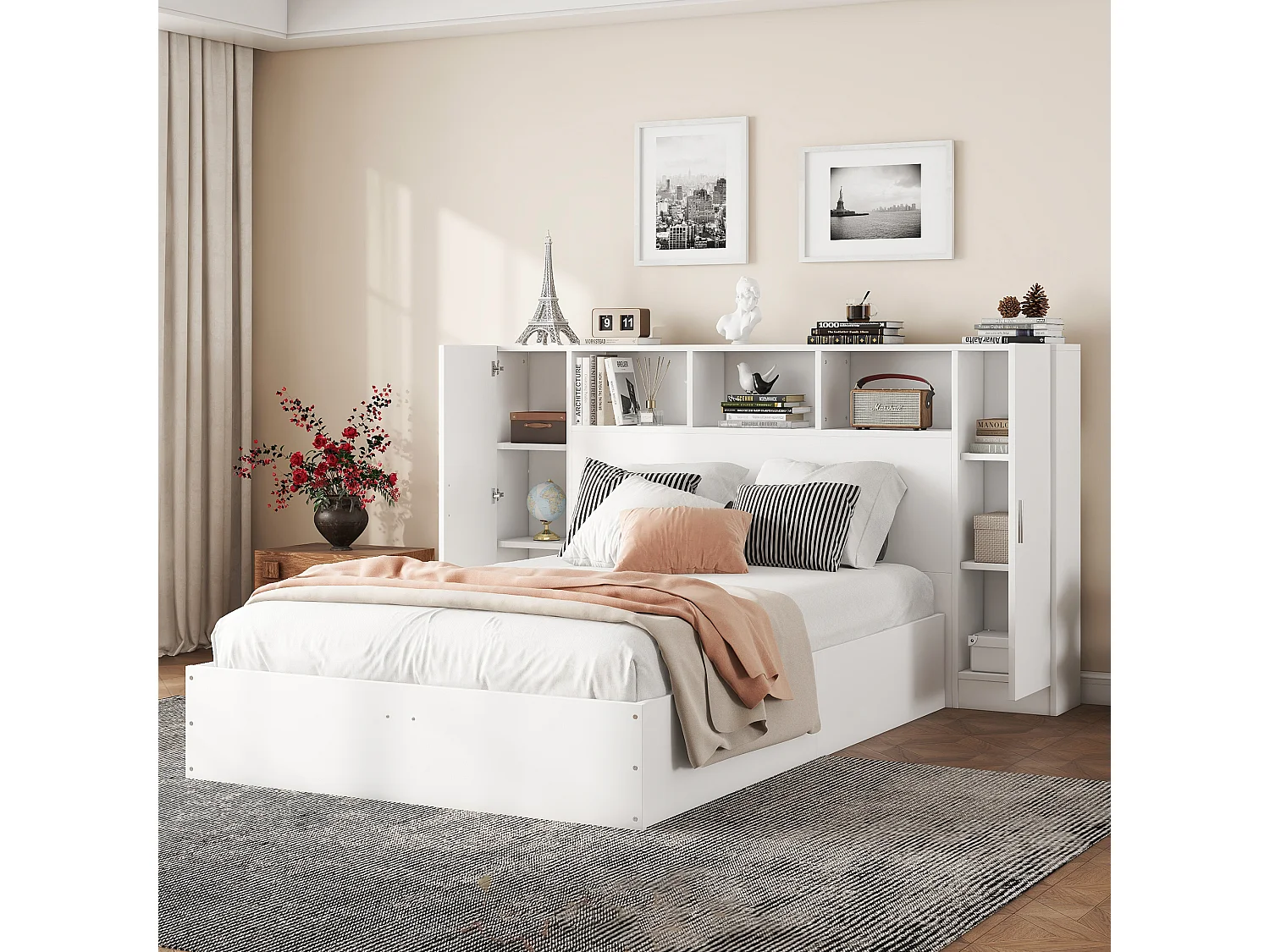 Cama de casal de madeira 140 x 200 cm - cabeceira com 2 portas e 3 nichos de arrumação - Madeira MDF - Base de ripas - Branca