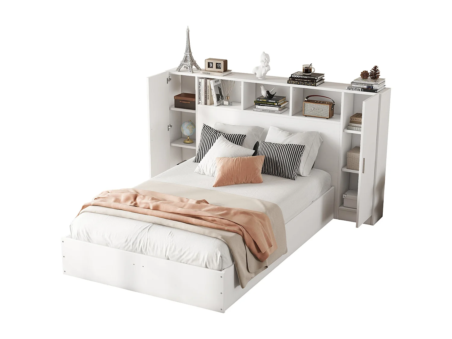 Cama de casal de madeira 140 x 200 cm - cabeceira com 2 portas e 3 nichos de arrumação - Madeira MDF - Base de ripas - Branca