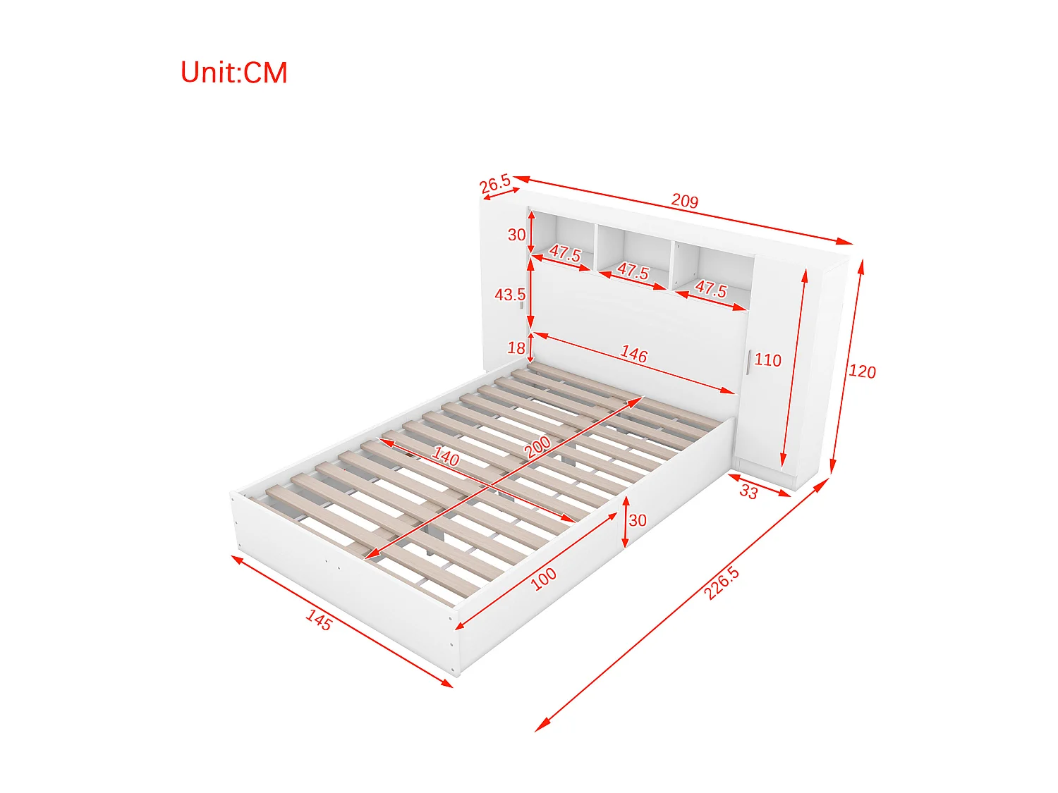 Cama de casal de madeira 140 x 200 cm - cabeceira com 2 portas e 3 nichos de arrumação - Madeira MDF - Base de ripas - Branca
