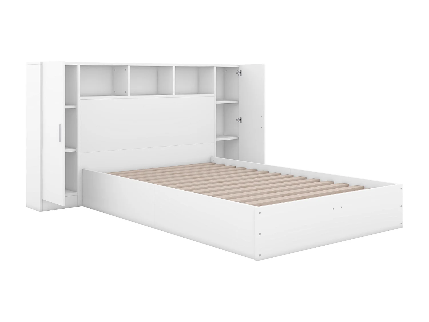 Cama de casal de madeira 140 x 200 cm - cabeceira com 2 portas e 3 nichos de arrumação - Madeira MDF - Base de ripas - Branca