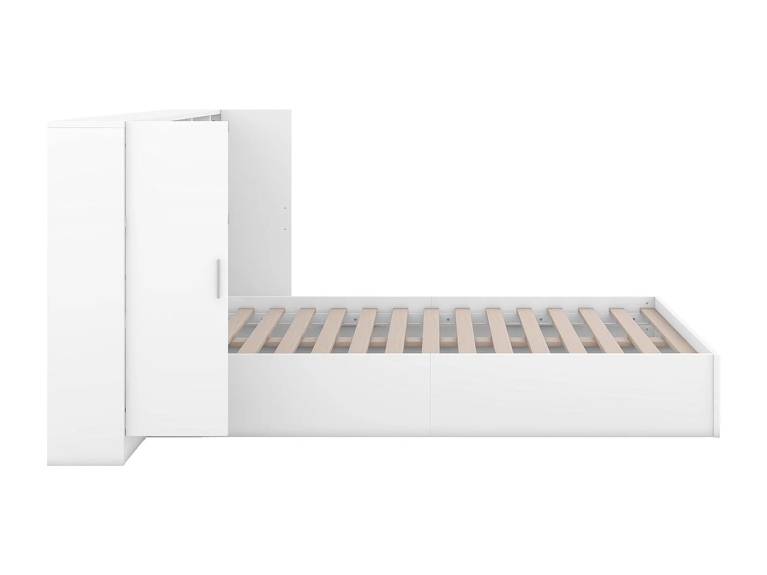 Cama de casal de madeira 140 x 200 cm - cabeceira com 2 portas e 3 nichos de arrumação - Madeira MDF - Base de ripas - Branca