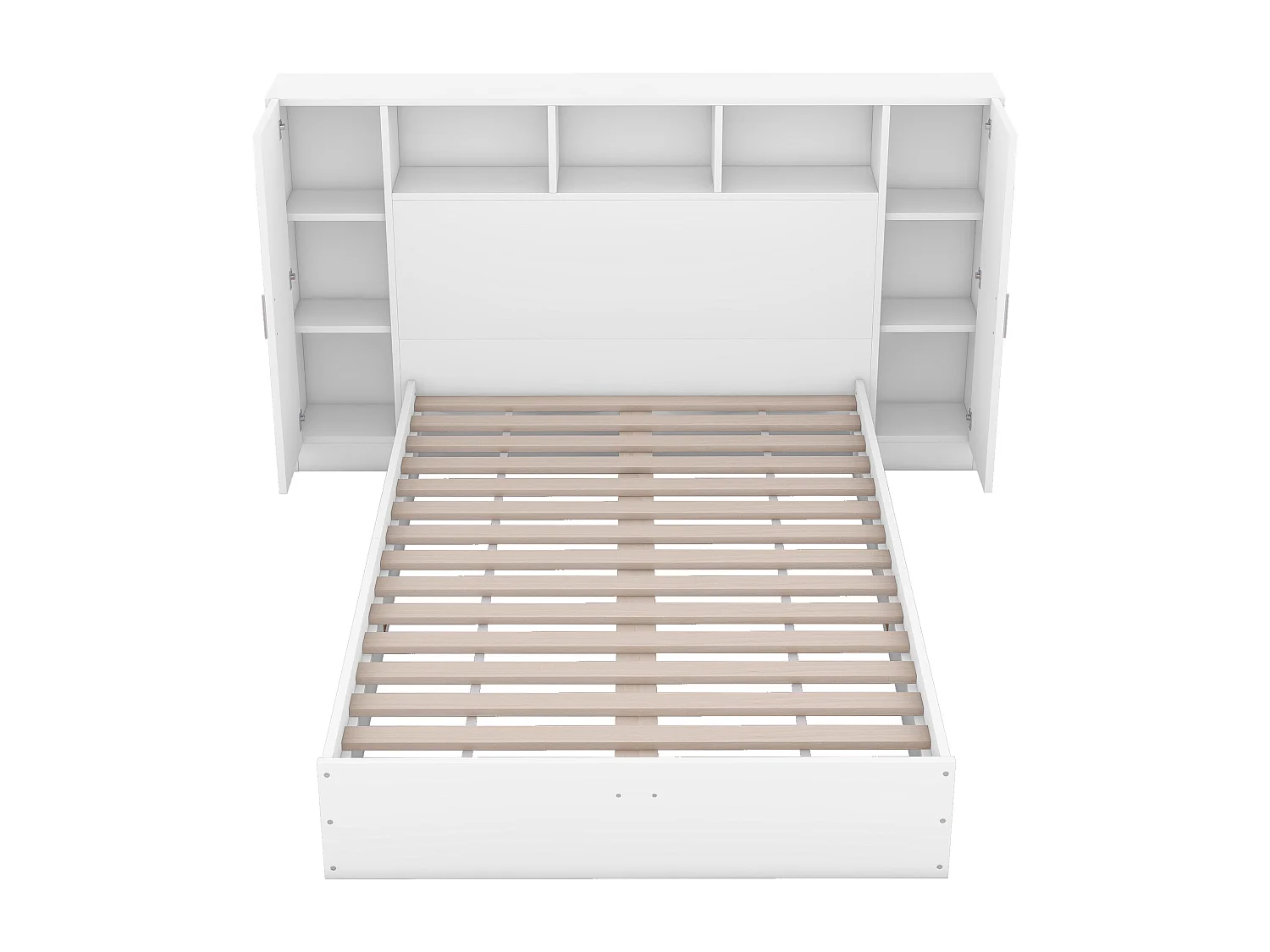 Cama de casal de madeira 140 x 200 cm - cabeceira com 2 portas e 3 nichos de arrumação - Madeira MDF - Base de ripas - Branca