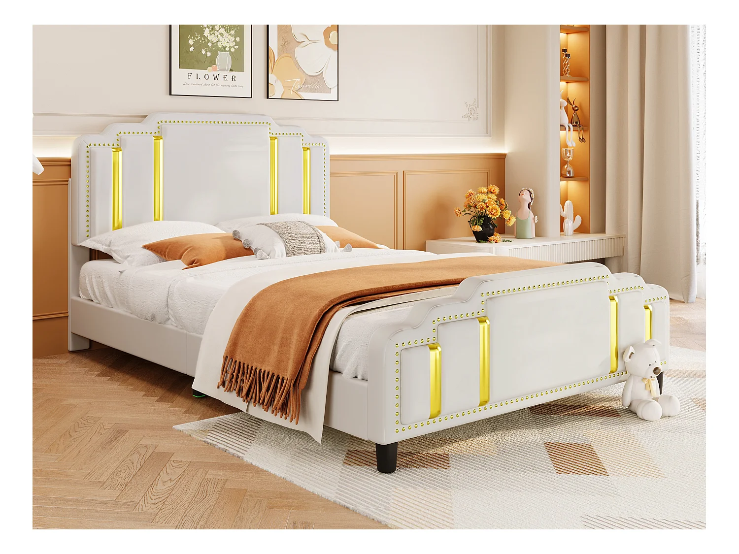 Gestoffeerd bed 140 x 200 cm met hoofdeinde - luxe stijl - fluwelen stof - lattenbodem - beige