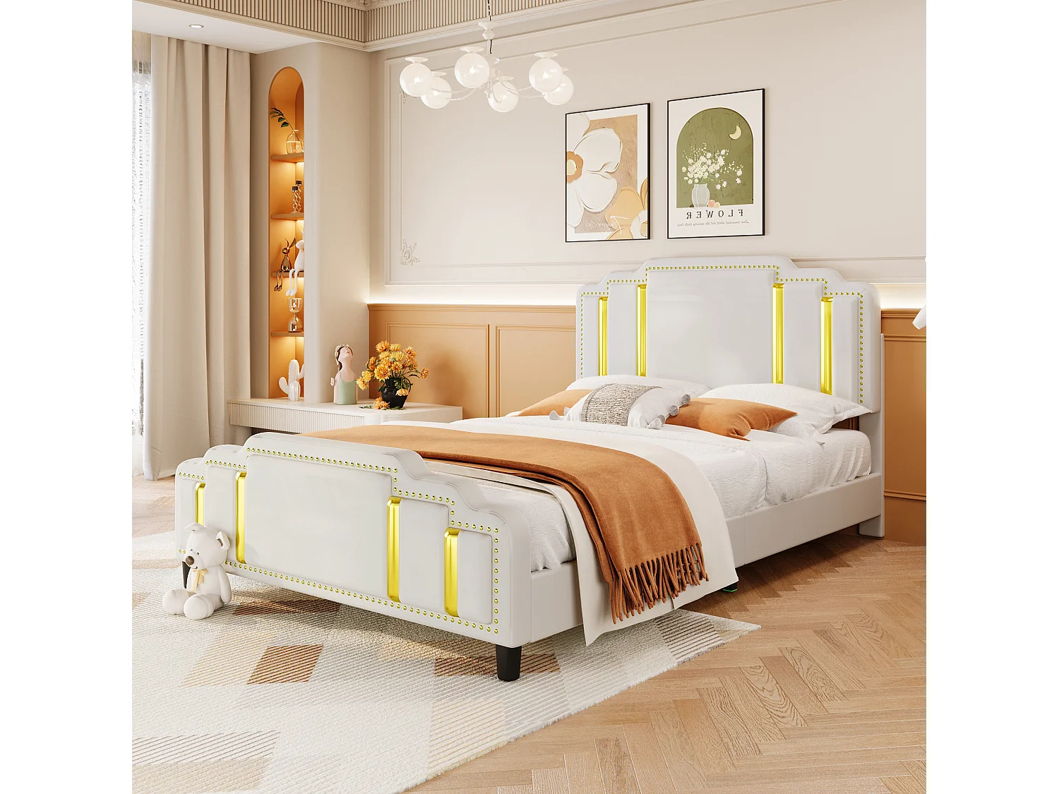 Gestoffeerd bed 140 x 200 cm met hoofdeinde - luxe stijl - fluwelen stof - lattenbodem - beige