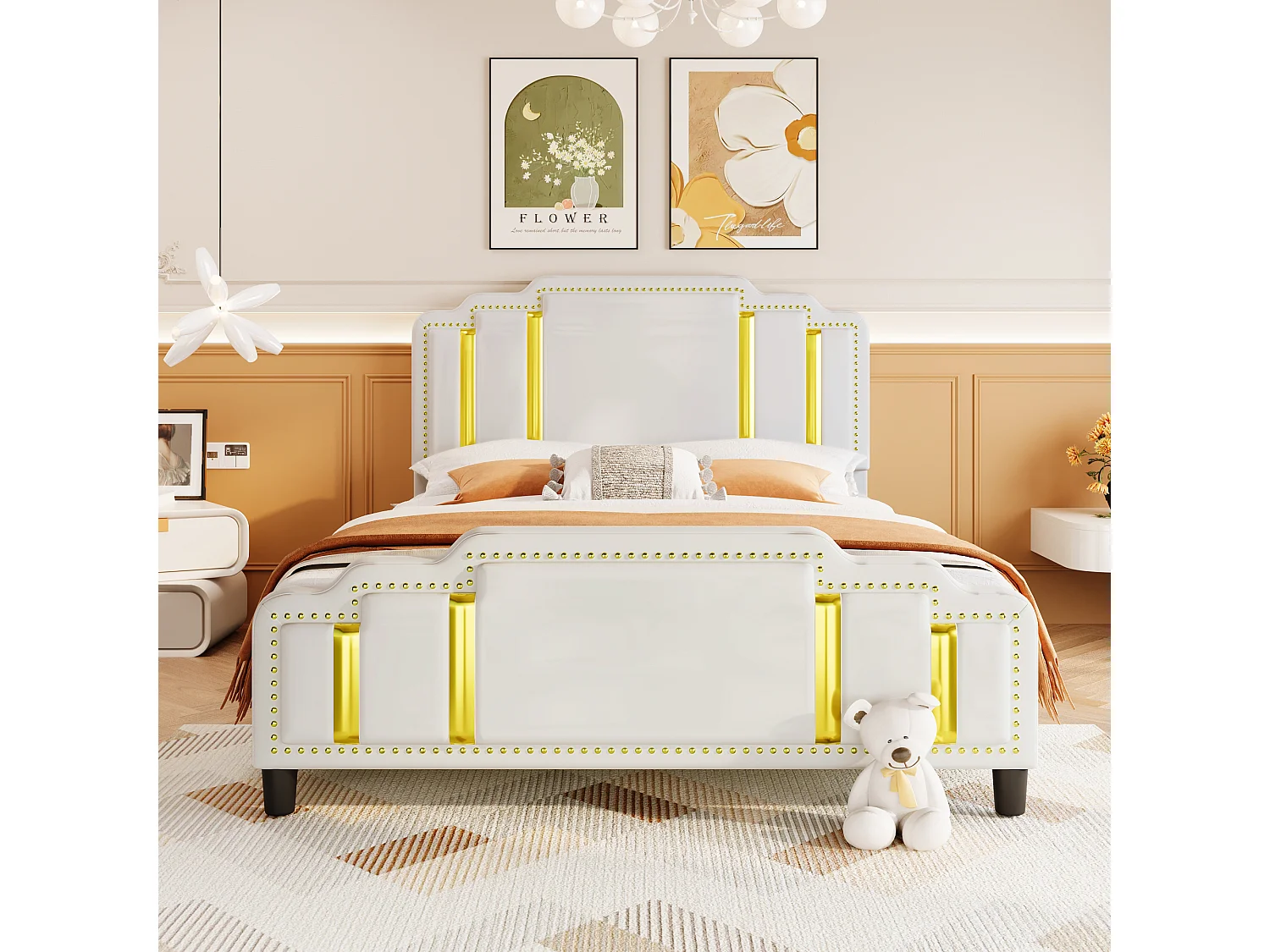 Gestoffeerd bed 140 x 200 cm met hoofdeinde - luxe stijl - fluwelen stof - lattenbodem - beige