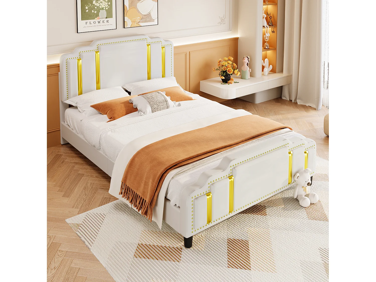 Gestoffeerd bed 140 x 200 cm met hoofdeinde - luxe stijl - fluwelen stof - lattenbodem - beige