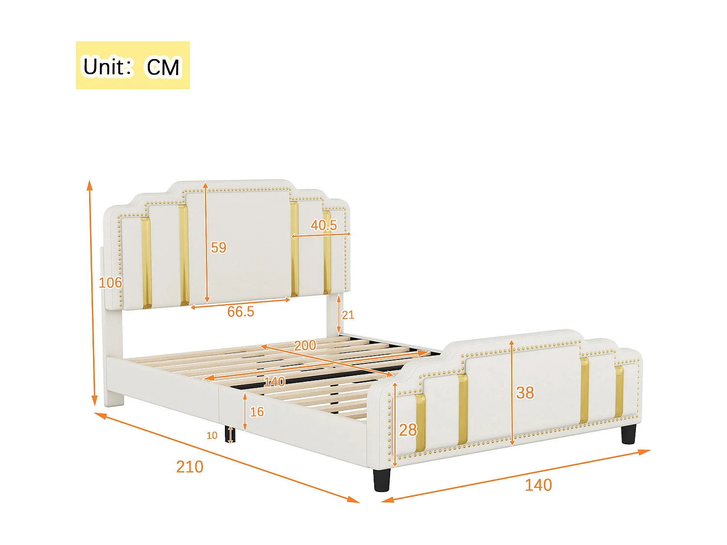 Gestoffeerd bed 140 x 200 cm met hoofdeinde - luxe stijl - fluwelen stof - lattenbodem - beige
