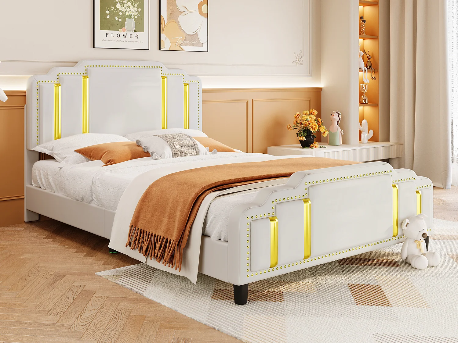 Gestoffeerd bed 140 x 200 cm met hoofdeinde - luxe stijl - fluwelen stof - lattenbodem - beige
