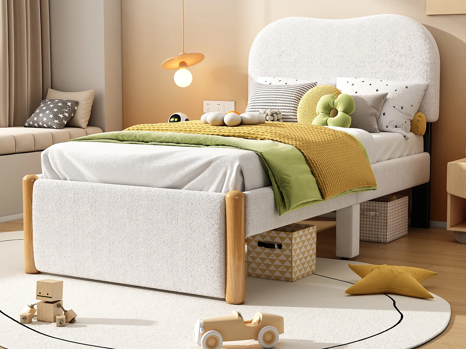 Lit capitonné 90 x 200 cm - tissu en peluche - sommier à lattes - style moderne - blanc