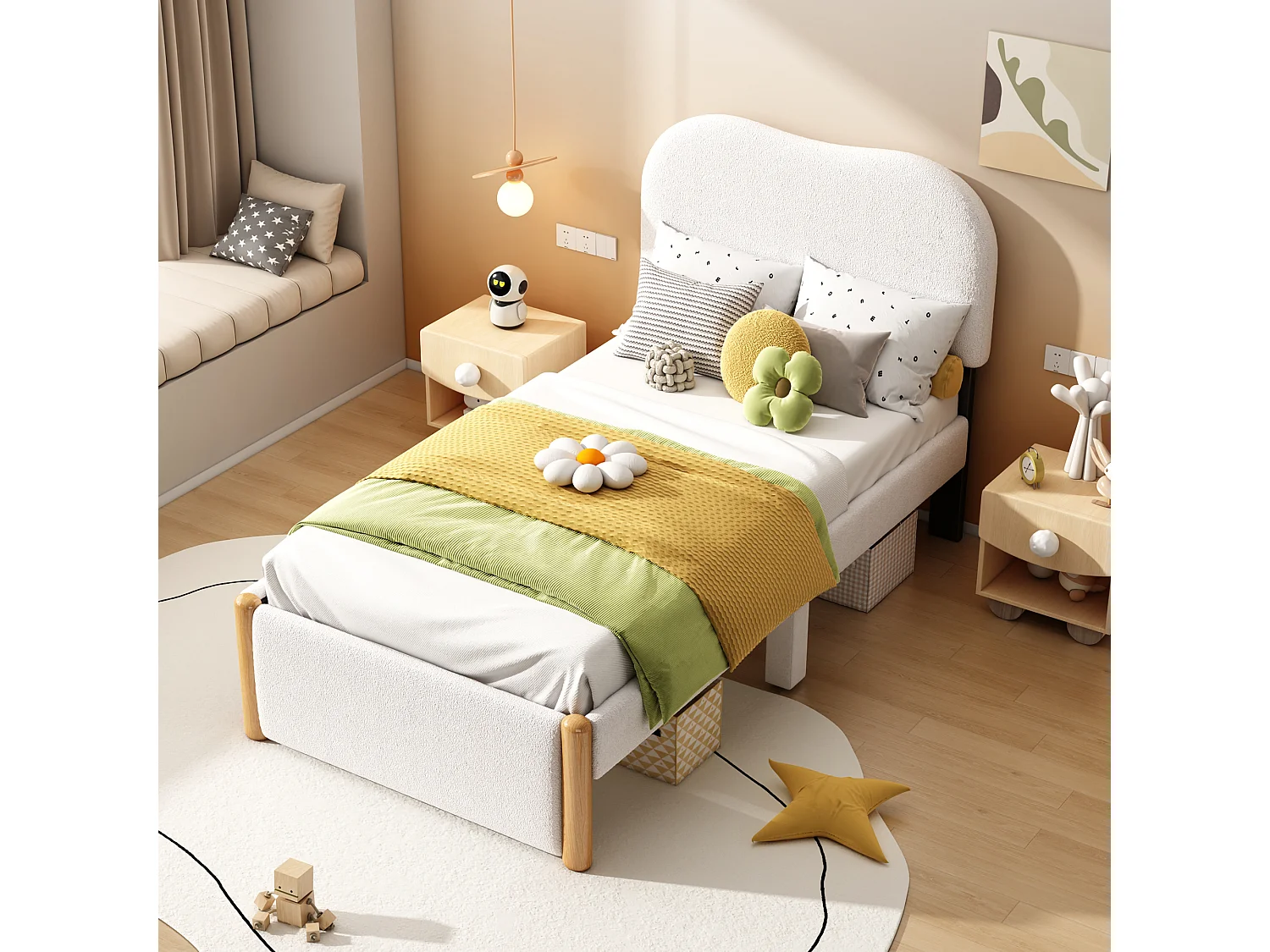 Lit capitonné 90 x 200 cm - tissu en peluche - sommier à lattes - style moderne - blanc