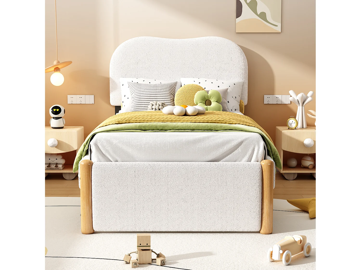 Lit capitonné 90 x 200 cm - tissu en peluche - sommier à lattes - style moderne - blanc