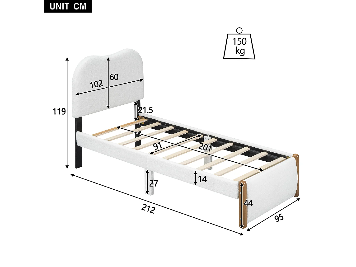 Lit capitonné 90 x 200 cm - tissu en peluche - sommier à lattes - style moderne - blanc