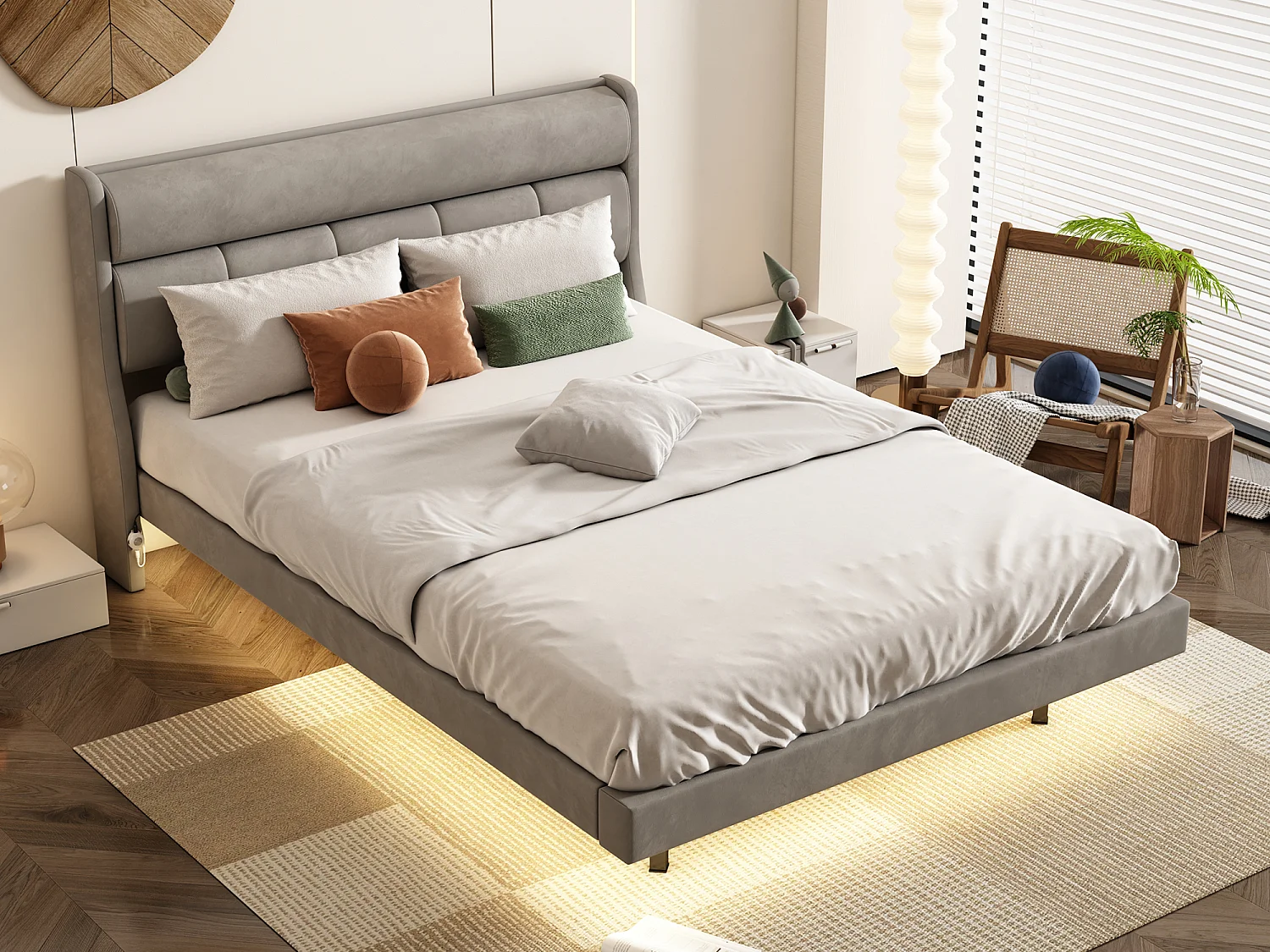 Gestoffeerd bed 140 x 200 cm, Zweefbed, Fluweel en MDF hout, LED's, Lattenbodem, Grijs