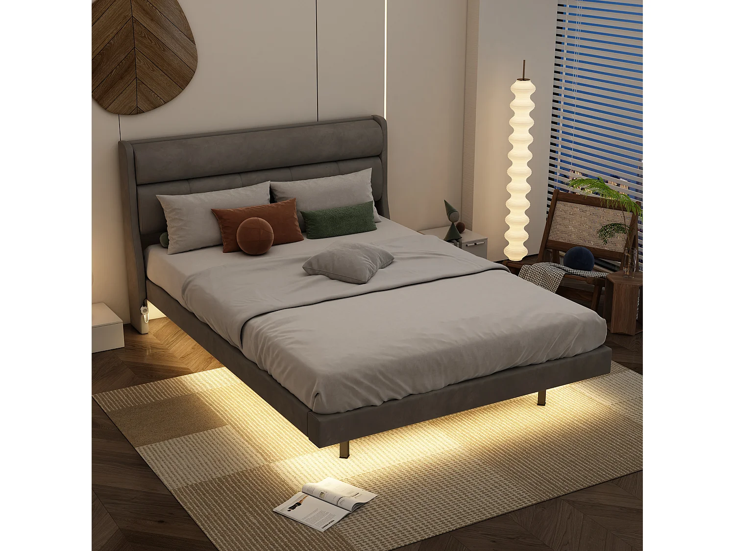 Gestoffeerd bed 140 x 200 cm, Zweefbed, Fluweel en MDF hout, LED's, Lattenbodem, Grijs