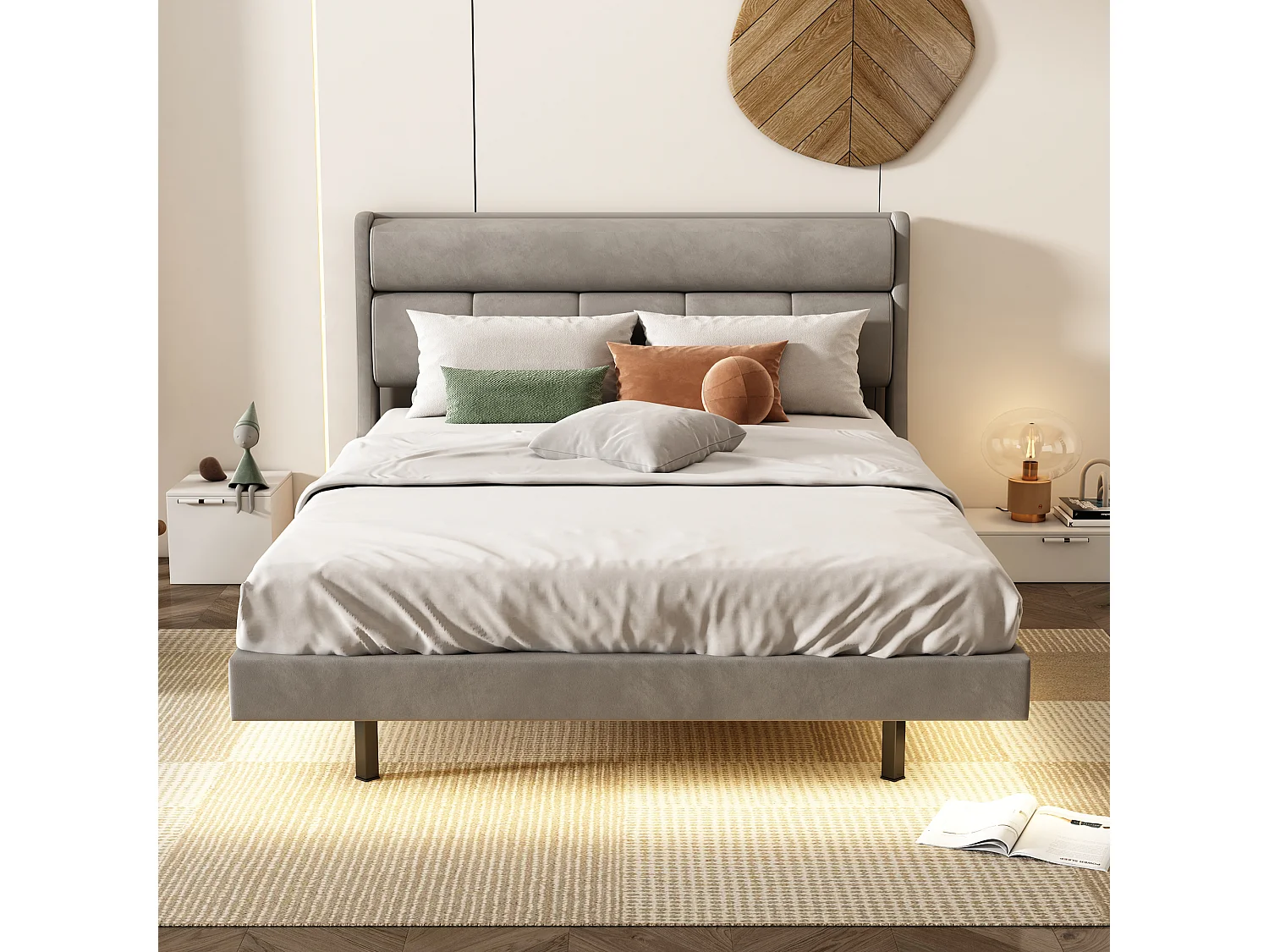 Gestoffeerd bed 140 x 200 cm, Zweefbed, Fluweel en MDF hout, LED's, Lattenbodem, Grijs