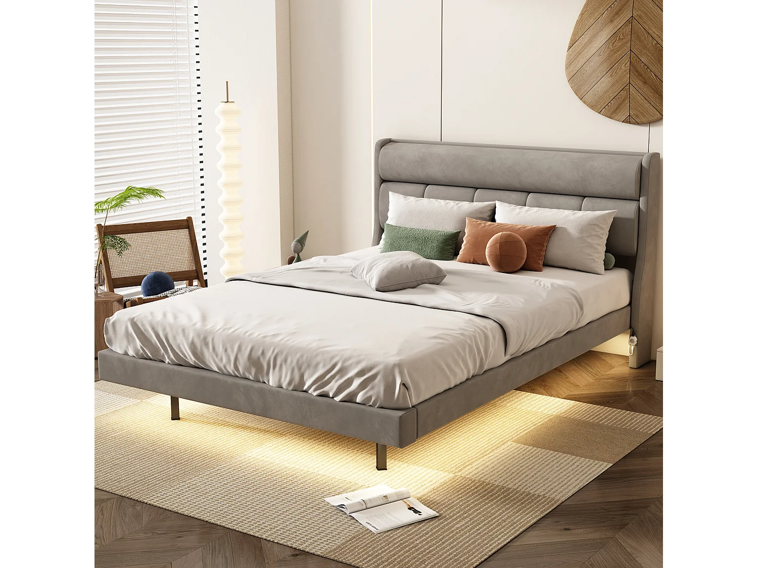 Gestoffeerd bed 140 x 200 cm, Zweefbed, Fluweel en MDF hout, LED's, Lattenbodem, Grijs