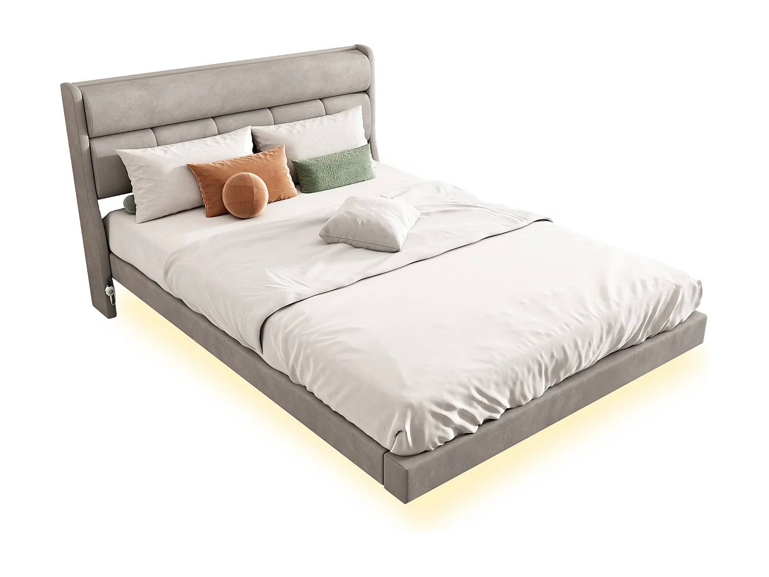 Gestoffeerd bed 140 x 200 cm, Zweefbed, Fluweel en MDF hout, LED's, Lattenbodem, Grijs