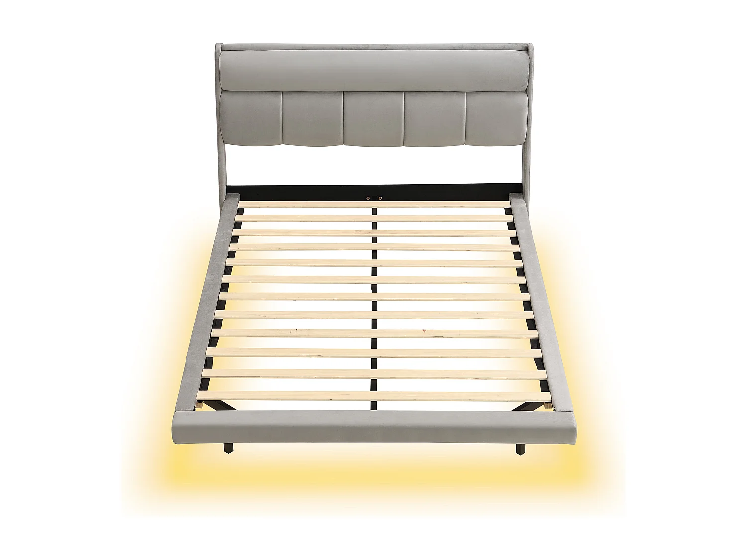 Gestoffeerd bed 140 x 200 cm, Zweefbed, Fluweel en MDF hout, LED's, Lattenbodem, Grijs