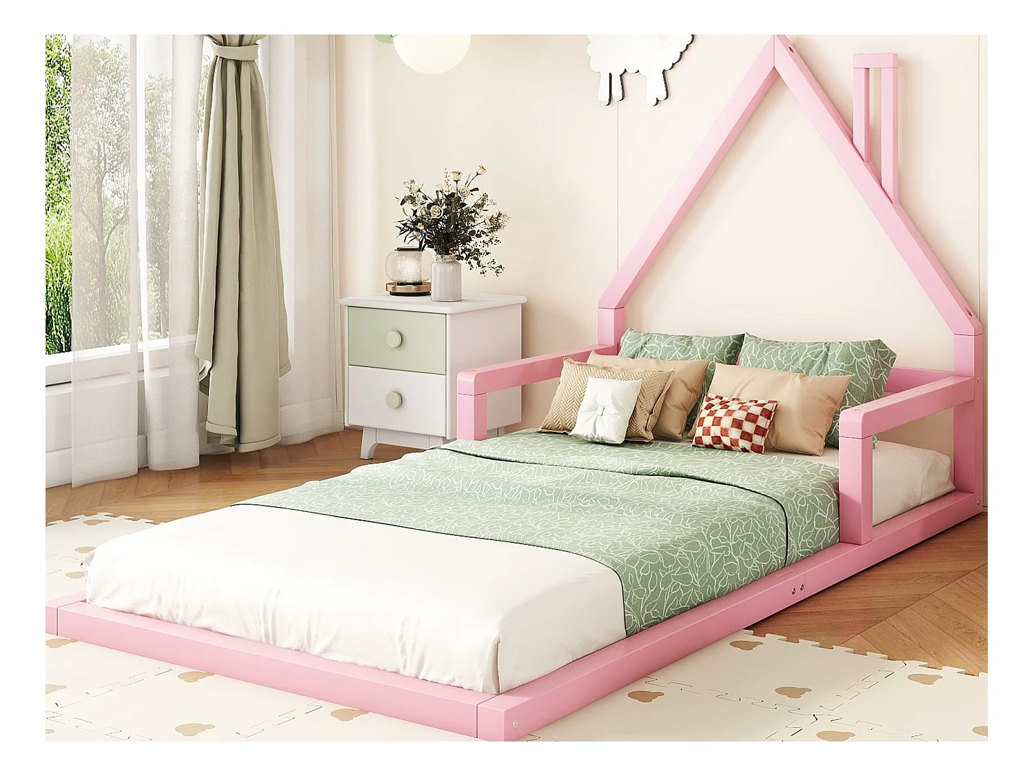 Kinderbett 90 x 200 cm, Babybett, Hausform, Kiefer massiv, schlichter Stil, rosa