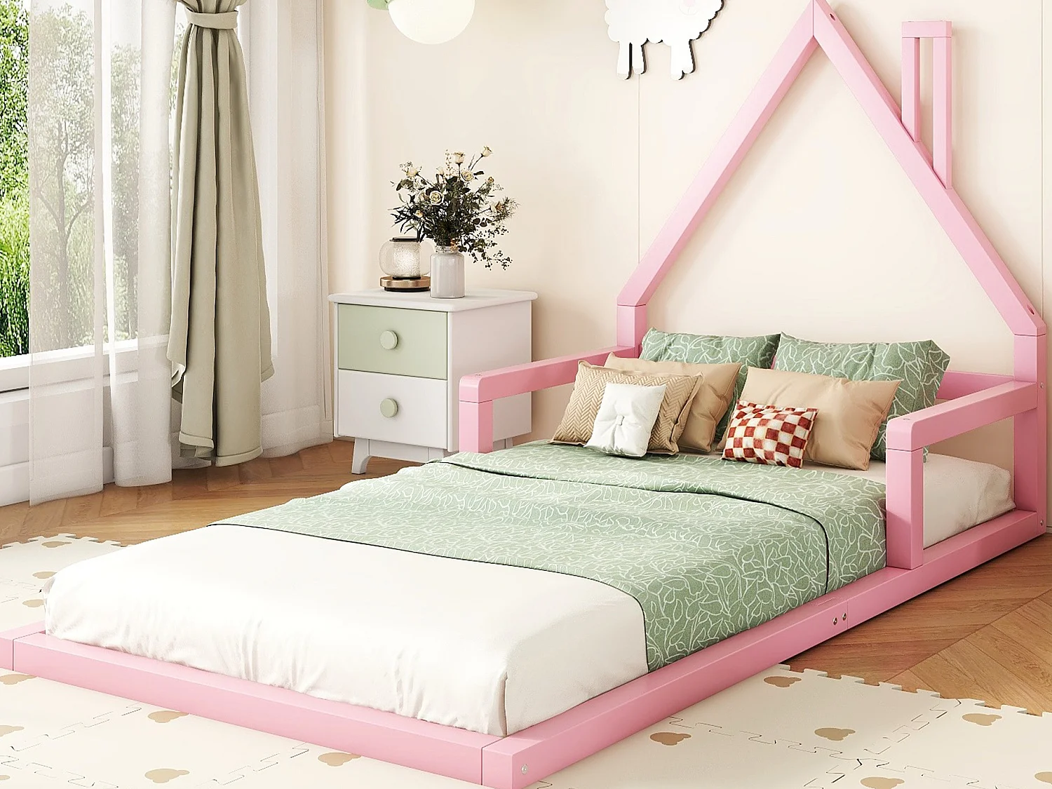 Kinderbett 90 x 200 cm, Babybett, Hausform, Kiefer massiv, schlichter Stil, rosa