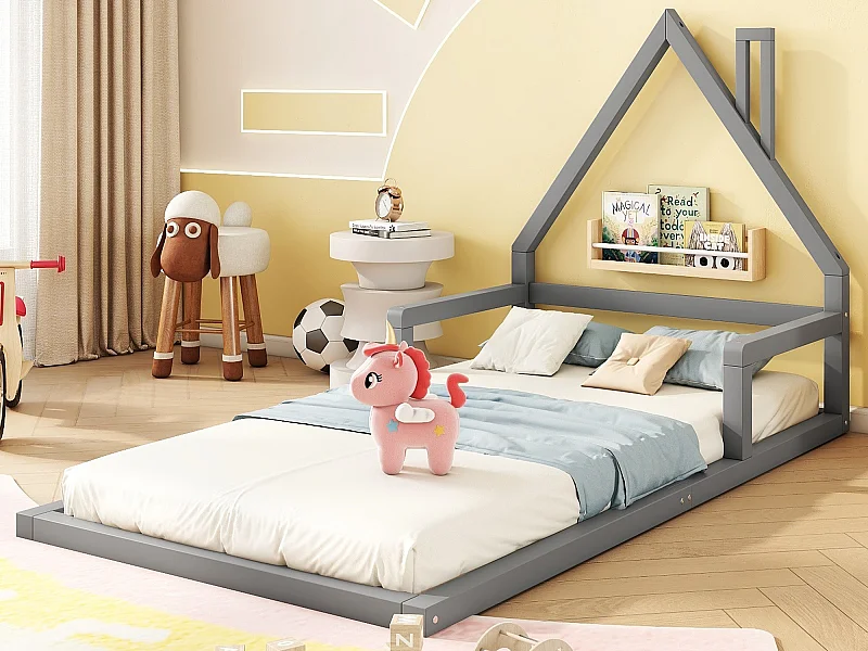 Kinderbed 90 x 200 cm, babybedje, huisvorm, massief grenen, eenvoudige stijl, grijs