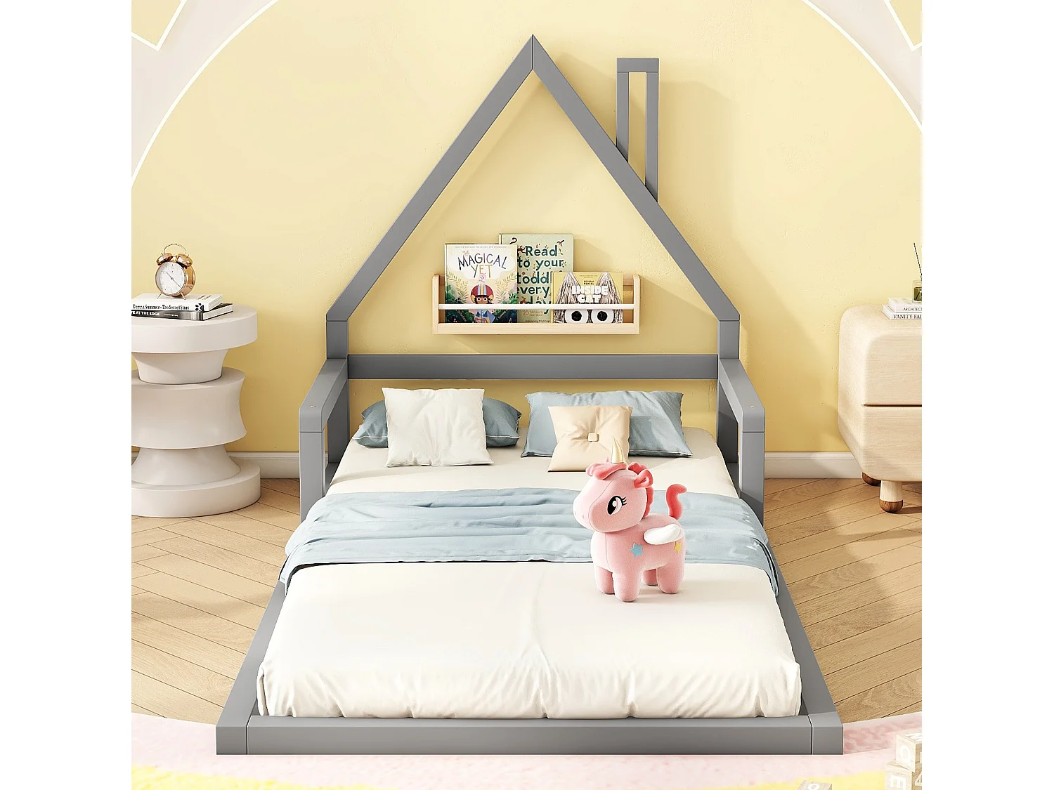 Cama infantil 90 x 200 cm, cama de bebê, formato de casa, pinho maciço, estilo simples, cinza