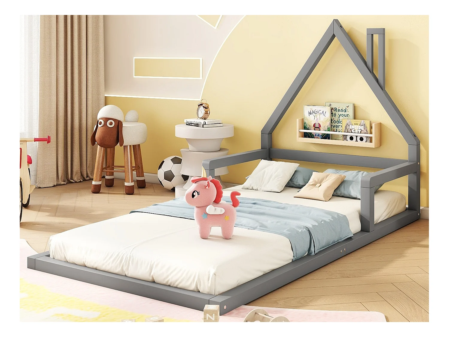 Kinderbett 90 x 200 cm, Babybett, Hausform, Kiefer massiv, schlichter Stil, grau