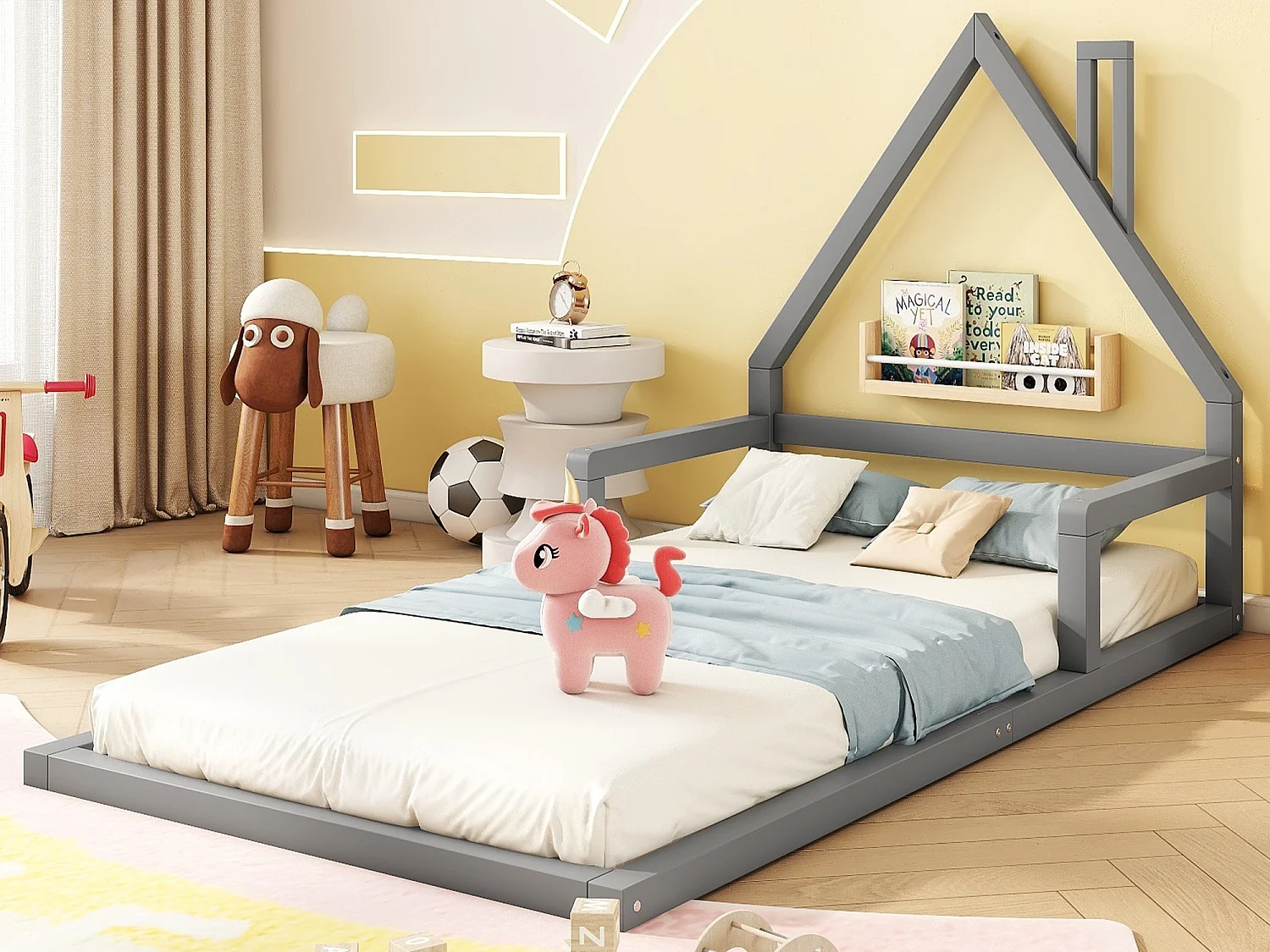 Kinderbett 90 x 200 cm, Babybett, Hausform, Kiefer massiv, schlichter Stil, grau