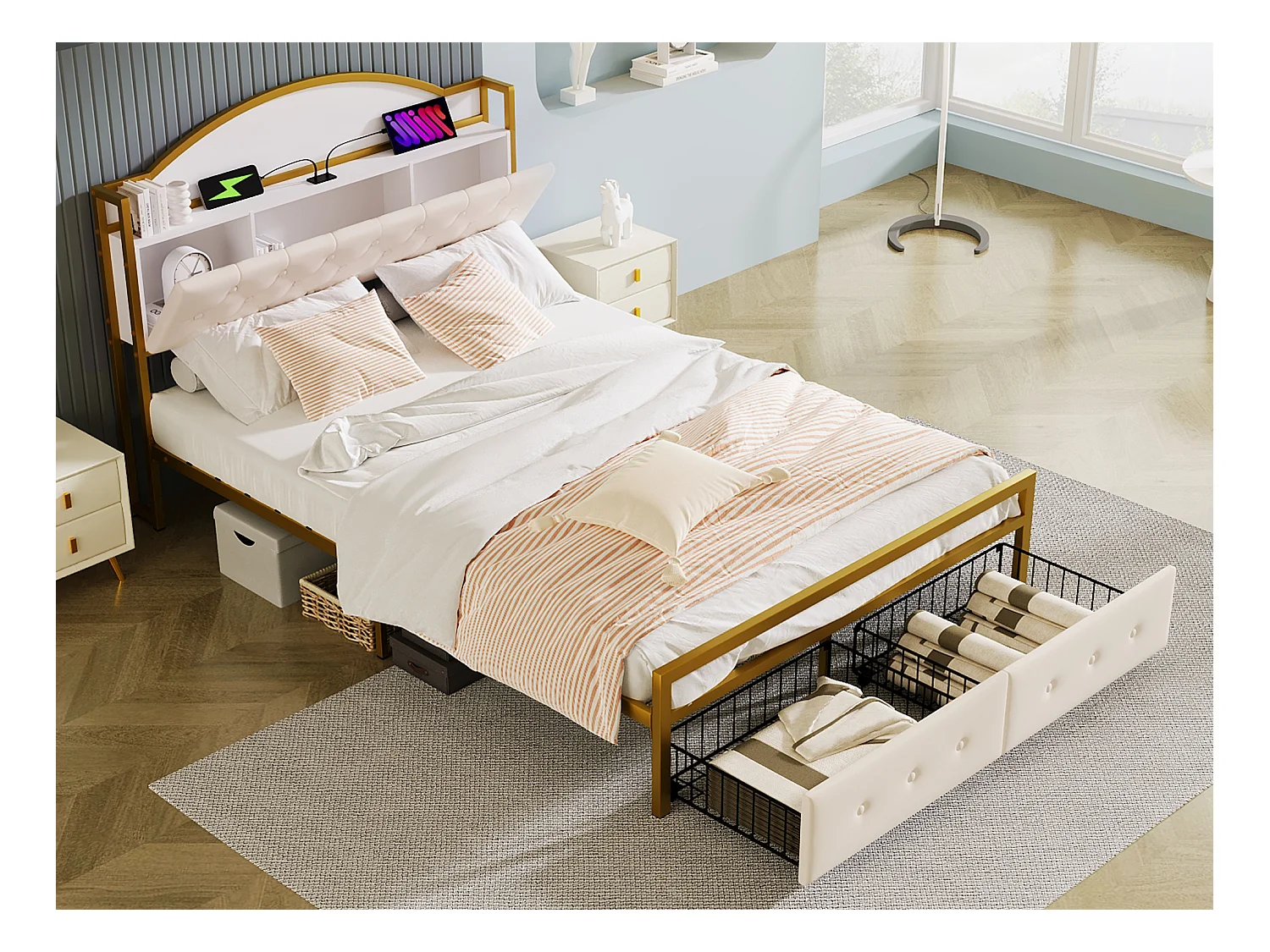 Bed 140 x 200 cm met 2 lades en 3 vakken - Metaal en MDF - Lattenbodem - Wit