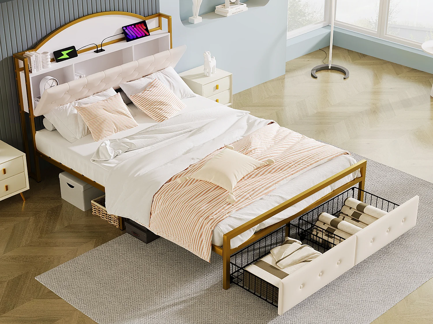 Bed 140 x 200 cm met 2 lades en 3 vakken - Metaal en MDF - Lattenbodem - Wit