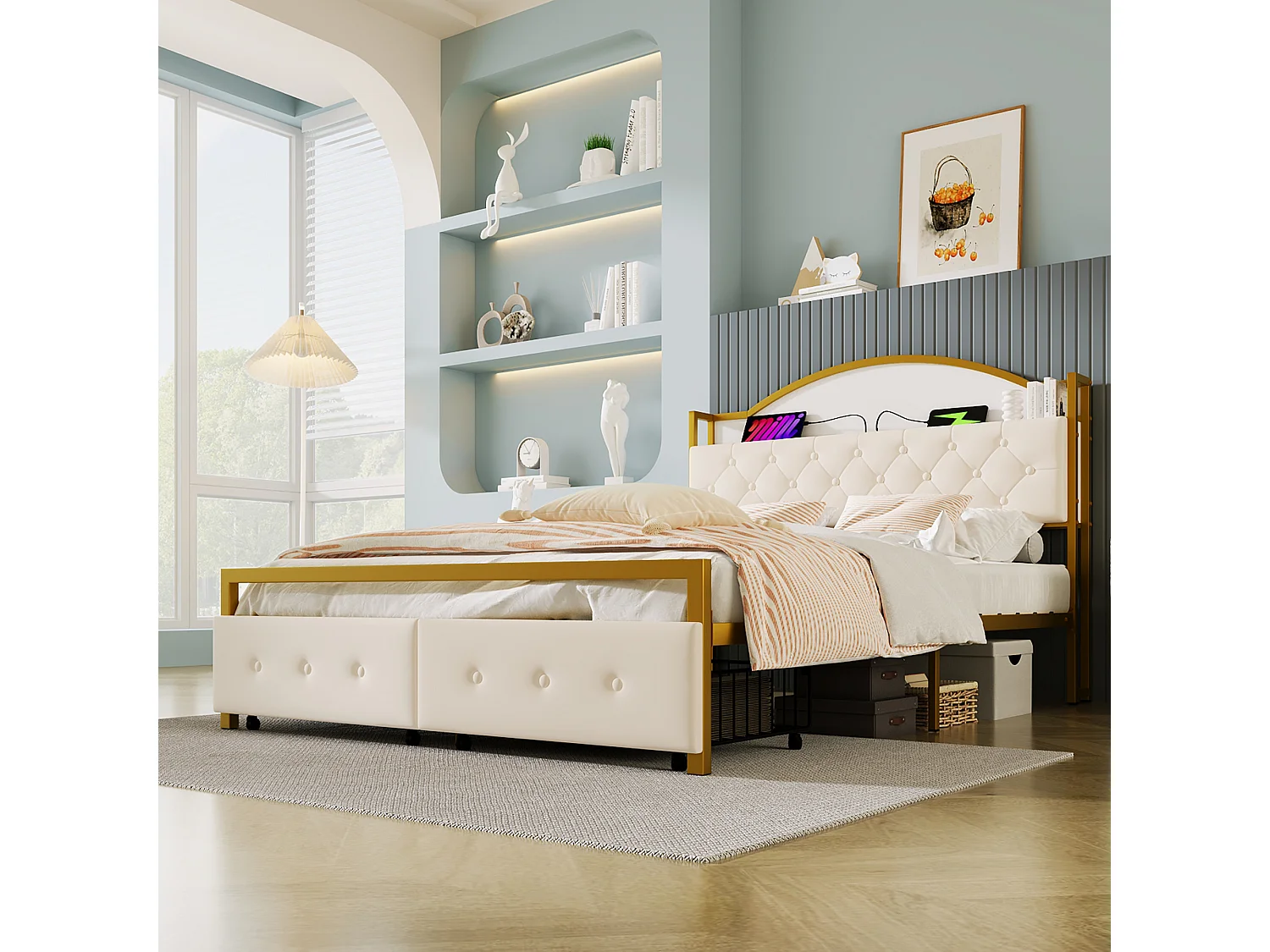 Bed 140 x 200 cm met 2 lades en 3 vakken - Metaal en MDF - Lattenbodem - Wit