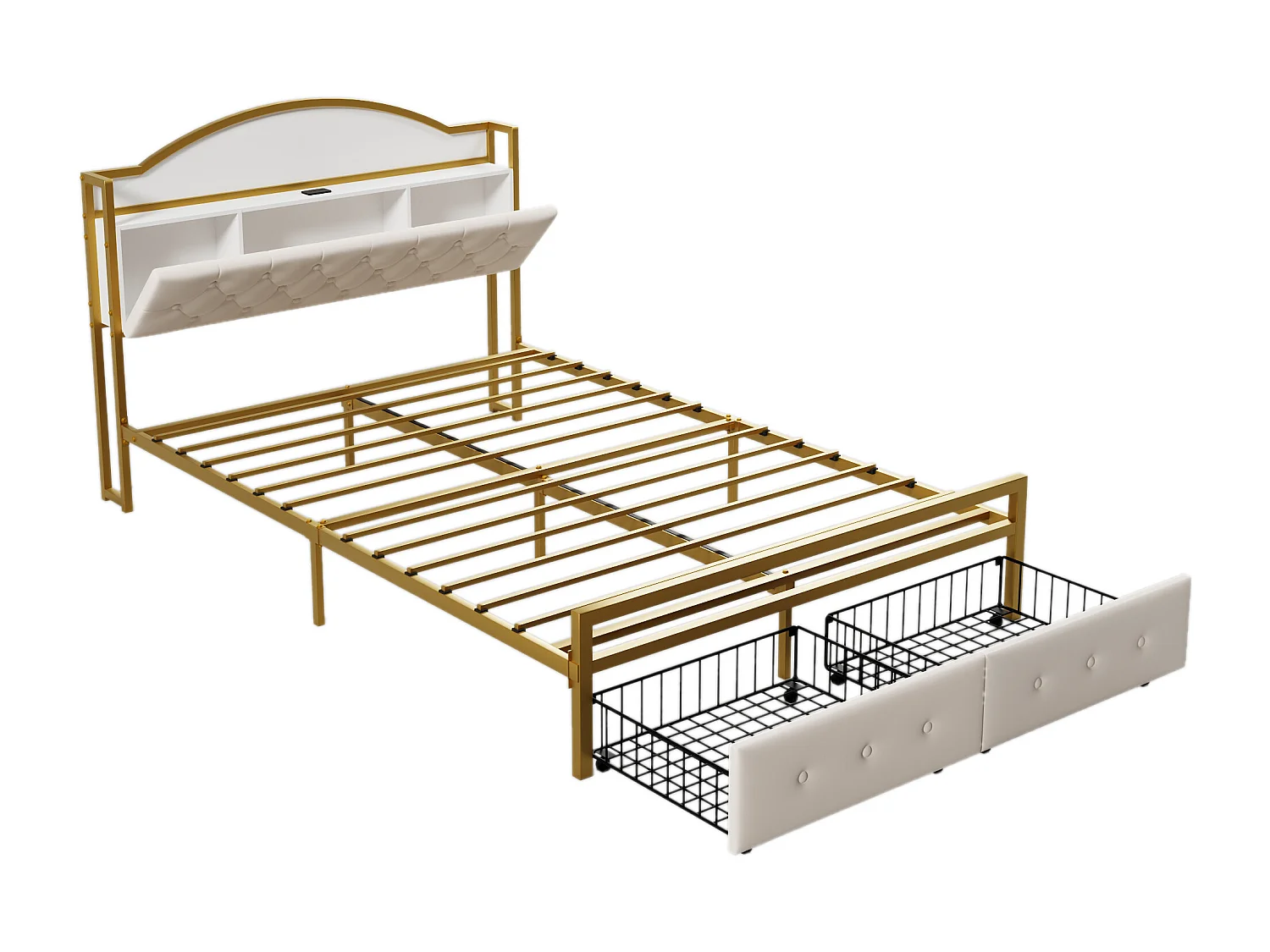 Bed 140 x 200 cm met 2 lades en 3 vakken - Metaal en MDF - Lattenbodem - Wit