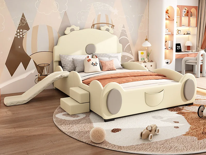 Lit enfant 140 x 200 cm avec toboggan et escalier, rembourré en cuir pu, sommier à lattes, beige