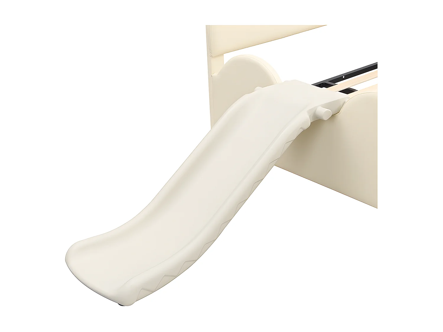 Kinderbett 140 x 200 cm mit Rutsche und Treppe, gepolstert mit Kunstleder, Lattenrost, beige