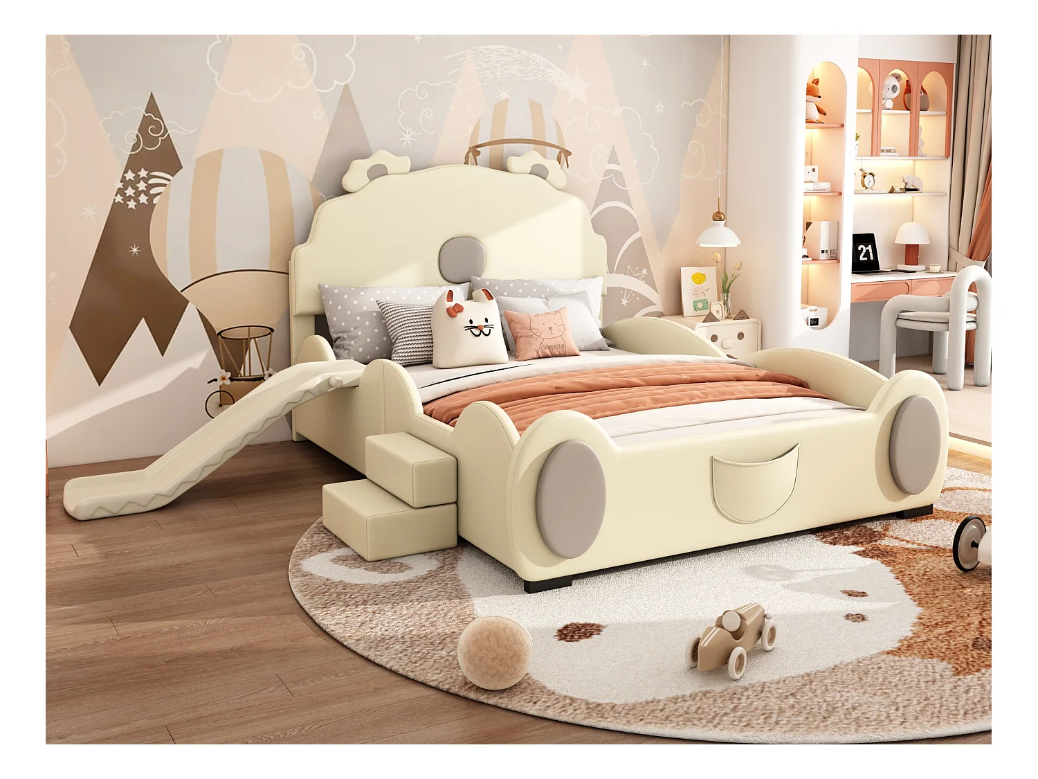 Lit enfant 140 x 200 cm avec toboggan et escalier, rembourré en cuir pu, sommier à lattes, beige