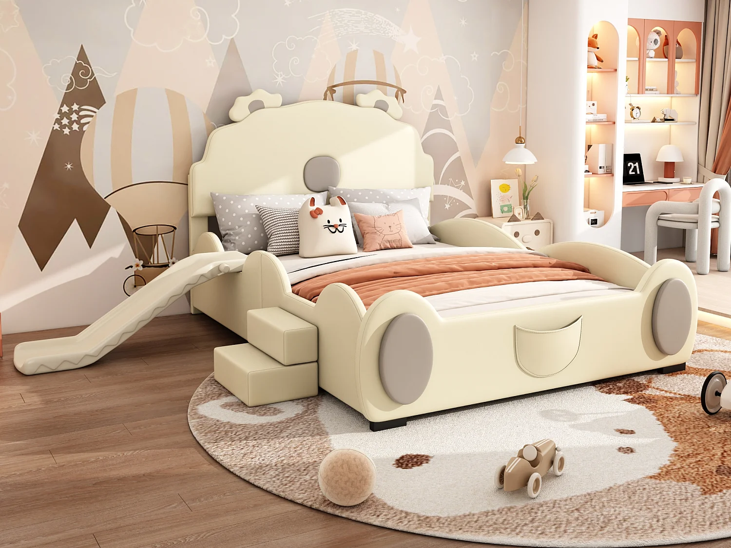 Lit enfant 140 x 200 cm avec toboggan et escalier, rembourré en cuir pu, sommier à lattes, beige