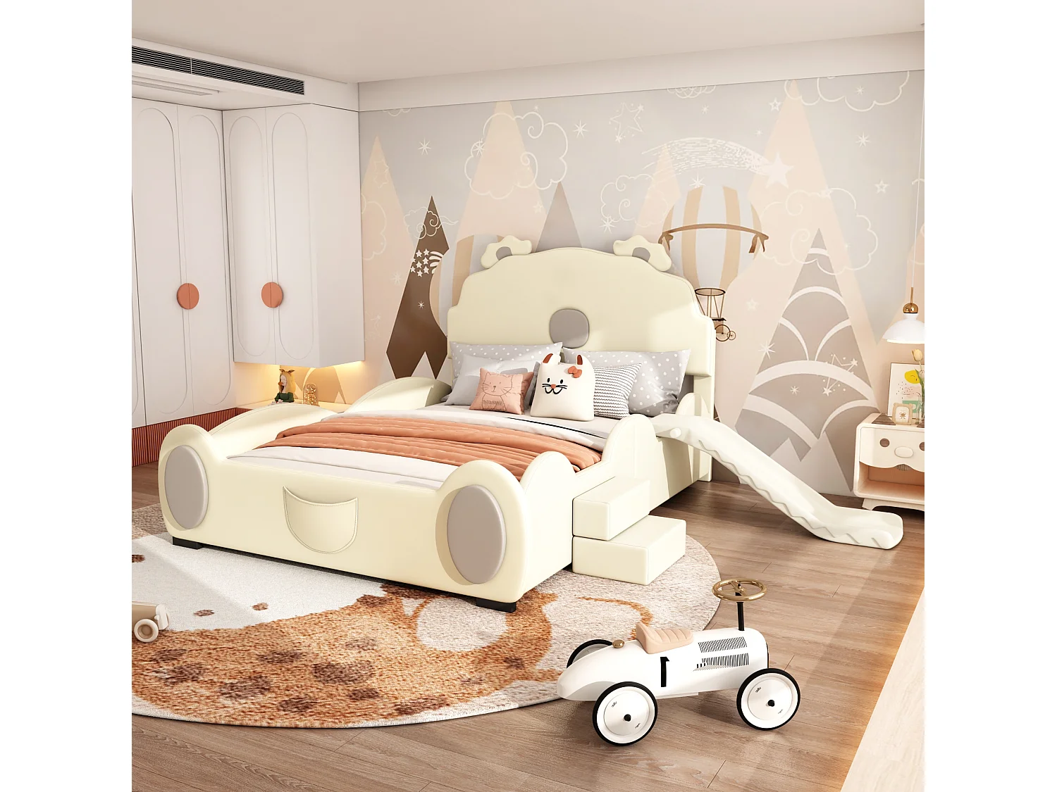 Lit enfant 140 x 200 cm avec toboggan et escalier, rembourré en cuir pu, sommier à lattes, beige