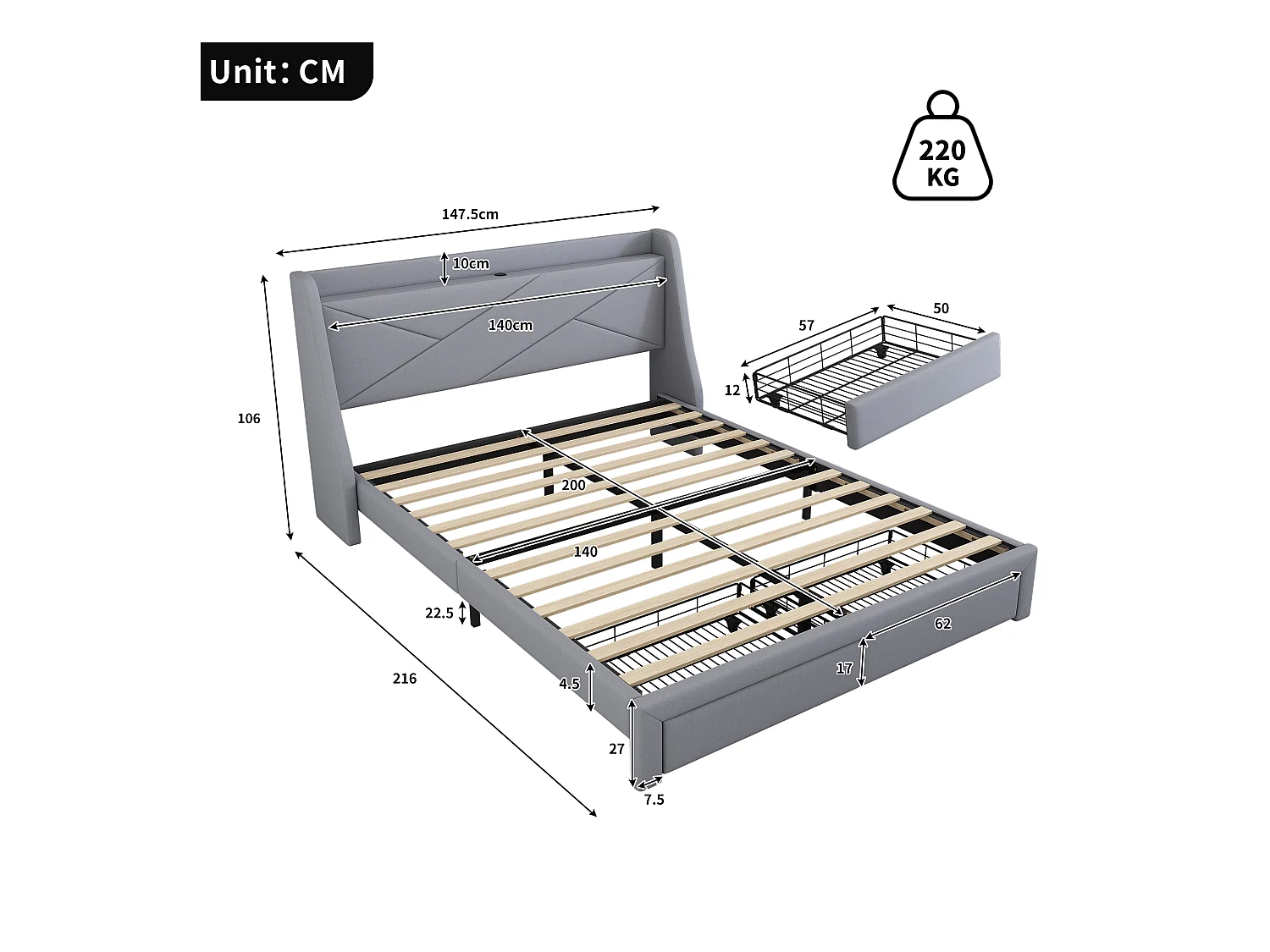 Gestoffeerd bed 140 x 200 cm met opberghoofdeinde en 2 laden - USB-aansluiting - Lattenbodem - Grijs